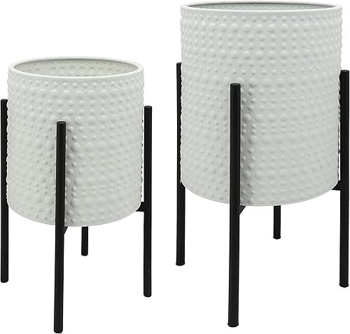 Sagebrook Home Juego de 2 macetas de metal con puntos texturizados con soportes para interiores o exteriores, color blanco y negro, 14 pulgadas de disponible en Yaxa Colombia