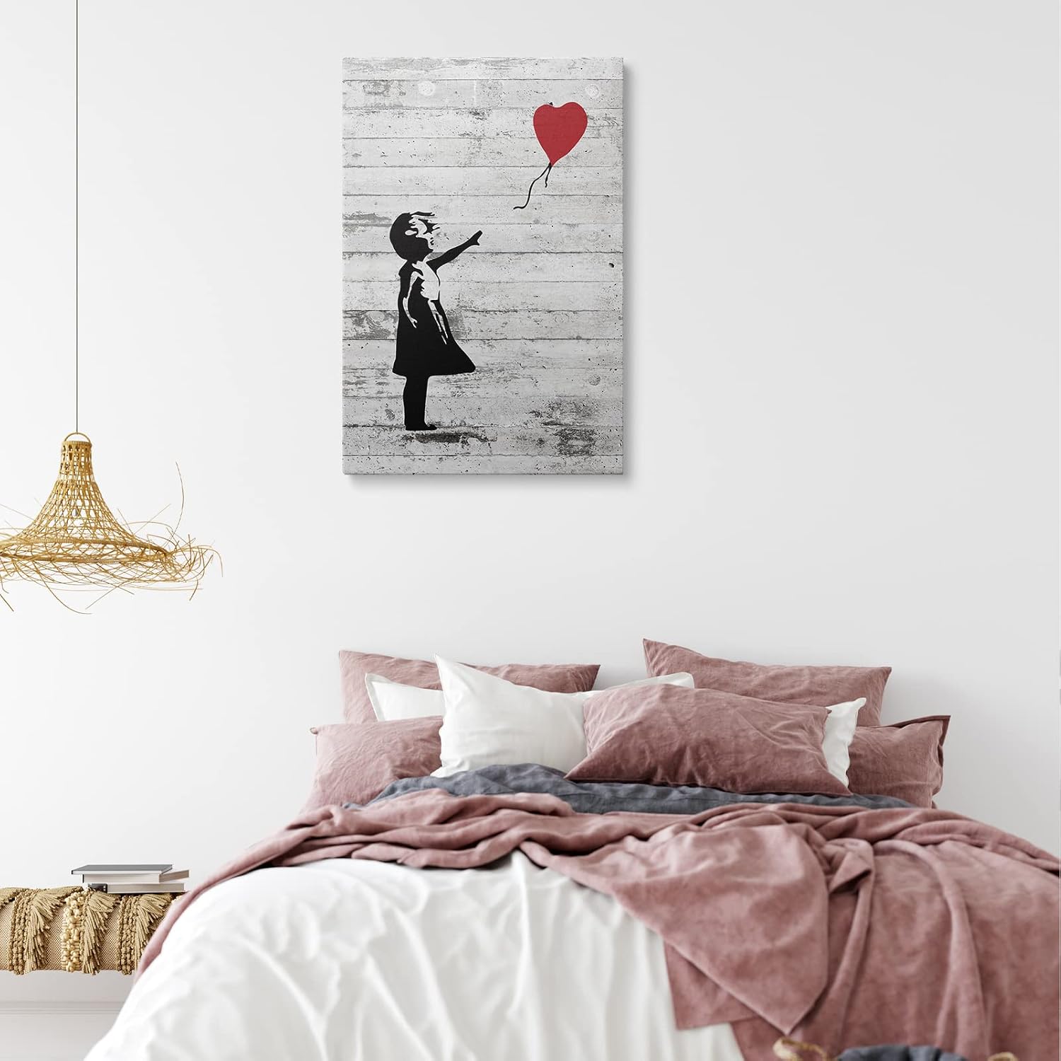Banksy Canvas Wall Art - Girl With Red Balloon Street Graffiti Wall Art - Grey Framed Wall Art Print Inspirational Picture For Bedroom Living Room Rustic Home Office Wall Decor Ready To Hang (16x24