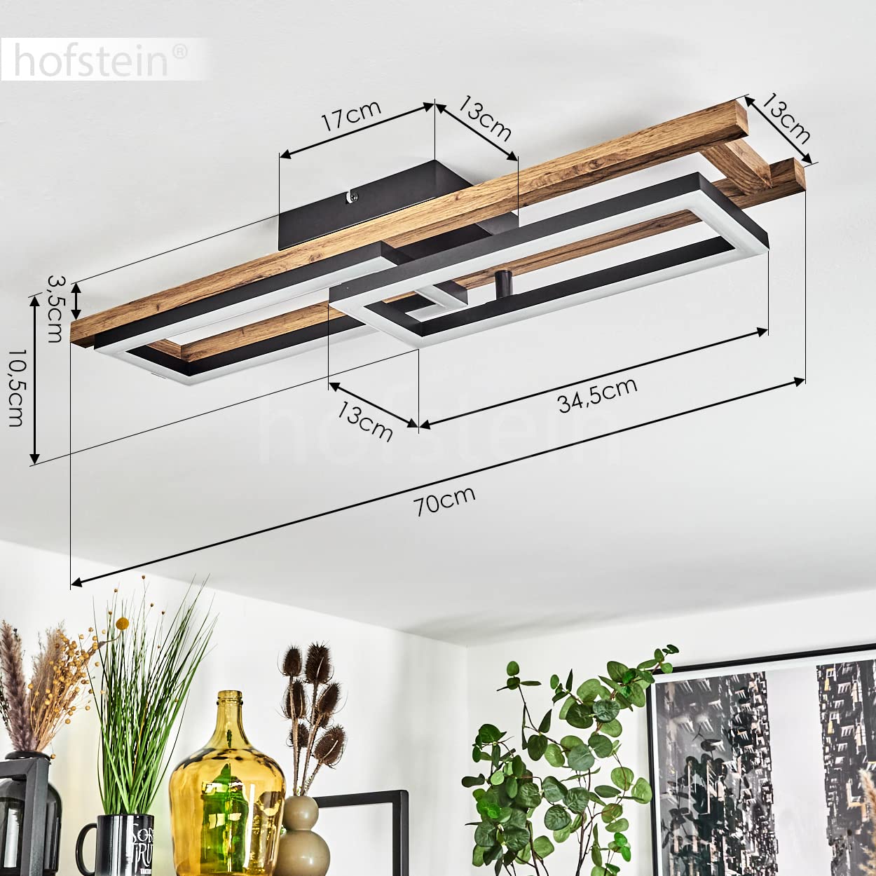 Lampa sufitowa LED Ayajasco, lampa sufitowa wykonana z metalu/drewna w kolorze czarnym/naturalnym/białym, 850 lumenów, 3000 K, 1 x LED 20 W (w zestawie), regulowana lampa z drewnianą ramą