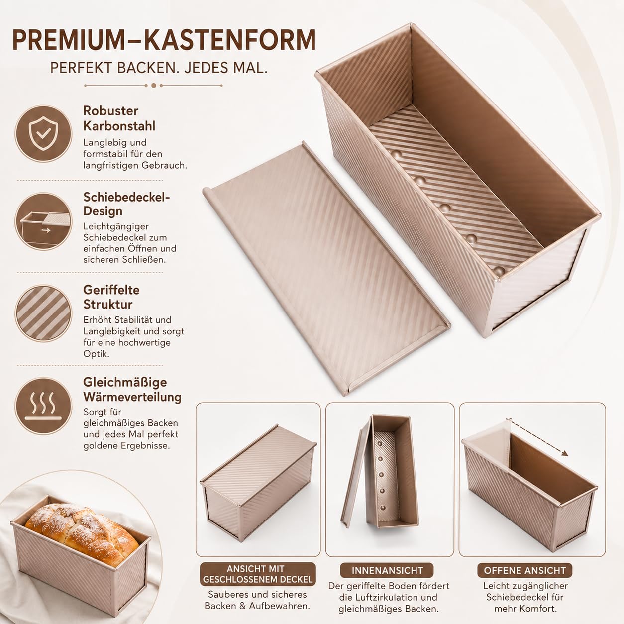 CANDeal Für 1000g Teig Toast Brot Backform Gebäck Kuchen Brotbackform Mold Backform mit Deckel(Gold-Rechteck-Welle)