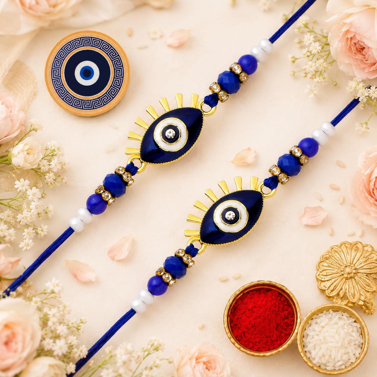 Elegant Blue Evil Eye Rakhi for Protection from Negative Energy (Set of 2) with Roli Chawal and Greeting Card (I1I1)-image-14
