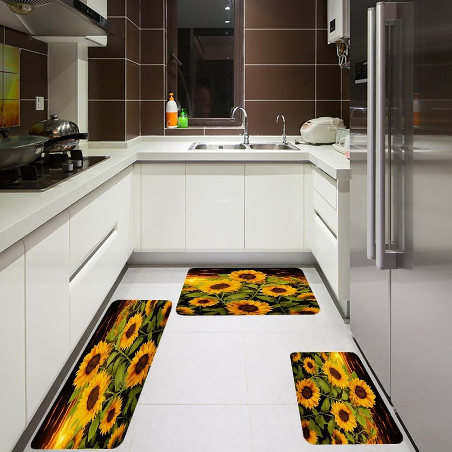 Sun Flower Kitchen Rugs Set of 3 Non Slip Washable Kitchen Mats for Floor Soft Area Rug Kitchen Floor Mat Cushioned Anti Fatigue Mats Standing Sink Mat Decor Runner Rugs