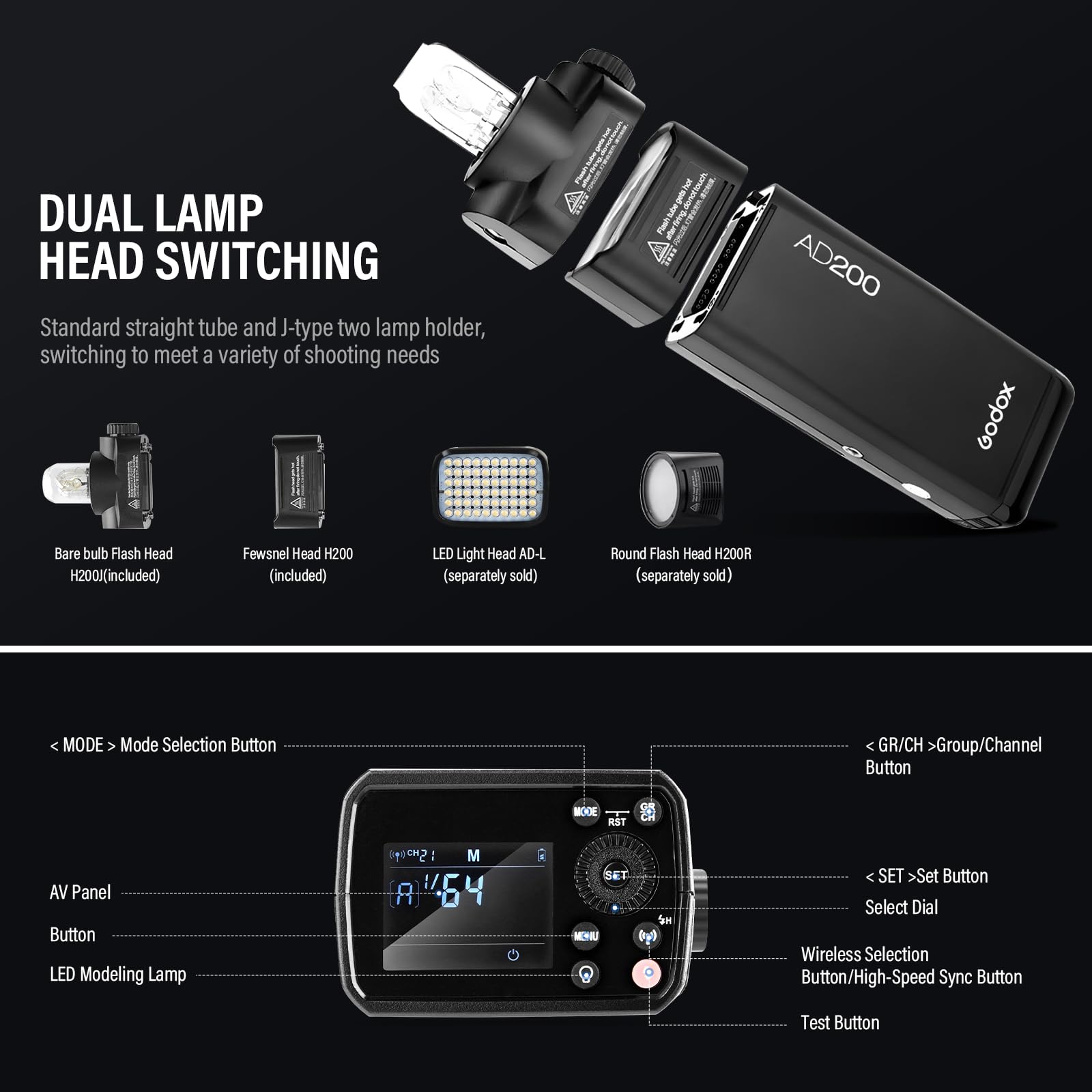 Godox AD200 Strobe Flash 200W with Bare Bulb Outdoor Speedlite Flash for Beginner Pocket Flash with Carry Bag TTL HSS 1/8000s 2.4G Li-on Battery, 0.01-2.1s Recycling 500 Full Power Flashes Monolight