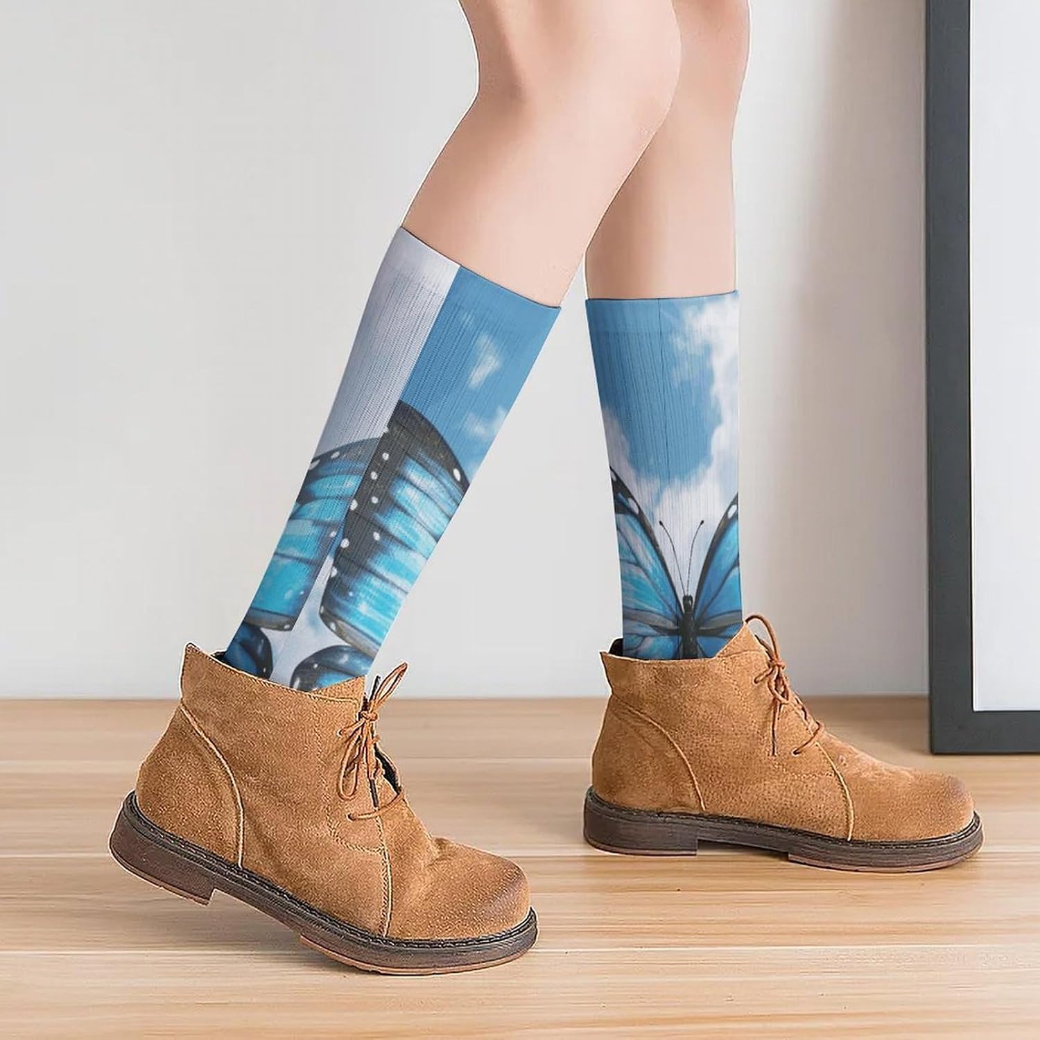 Breathable Crew Sock, Moisture Wicking, Athletic Calf Socks, Cozy | Blue Butterfly And Clouds Compression Socks for Women Men, Lightweight High Work Socks for Business, Casual