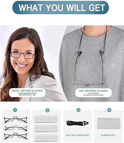 Miniatura 7 de SDPIQDS 2 pares de lentes de lectura con bloqueo de luz azul, lentes de medio marco, lectores de metal con semi borde con estuches para mujeres y