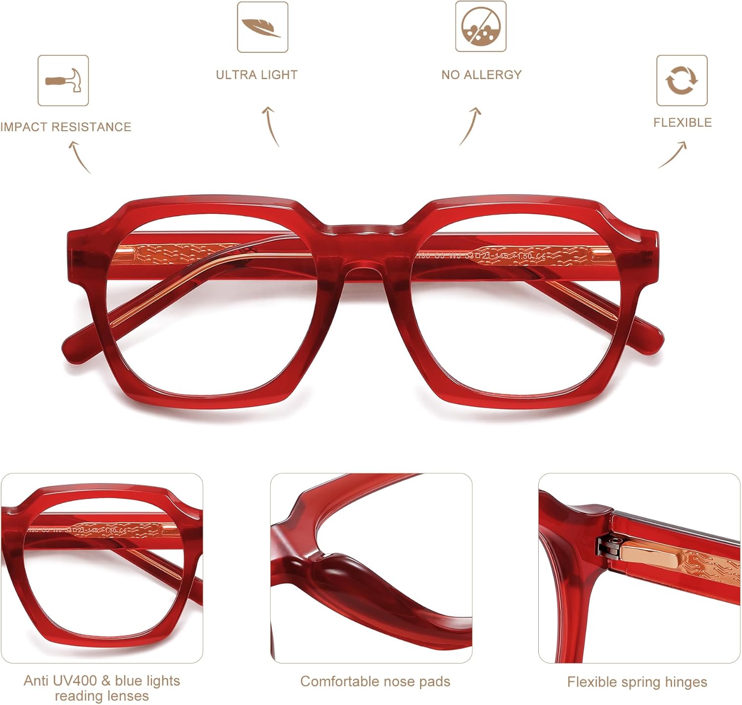 AMOMOMA 2 Pack Retro Square Reading Glasses for Women Men,Spring Hinge Blue Light Computer Reader Frame AM6190 - Image 6