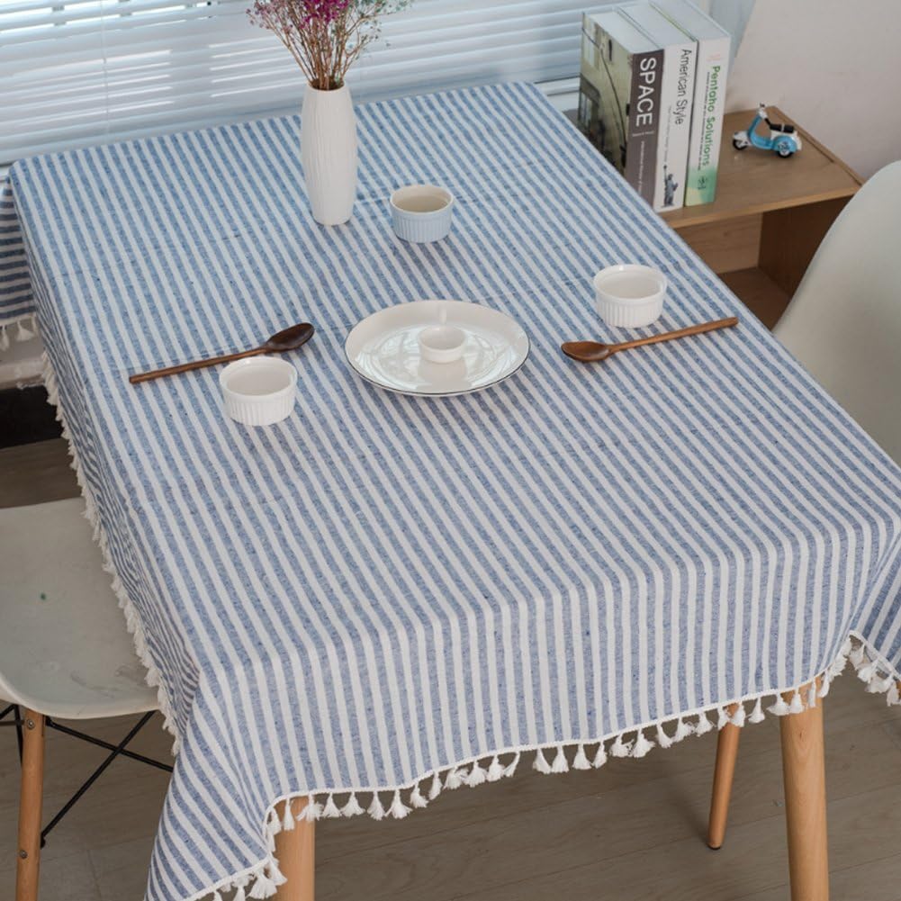 meioro Tablecloths Striped Tassel Table Cloth Rectangular Tablecloth Cotton Linen Table Cover Suitable for Home Kitchen Decoration (Blue/White Stripes - Image 5