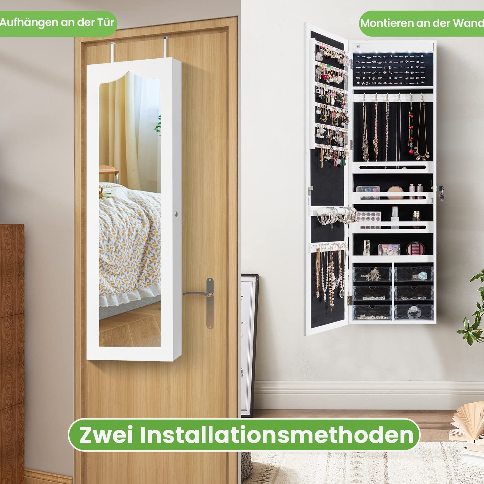 COSTWAY Schmuckschrank hängend, Sipegelschrank mit LED-Beleuchtung, Spiegel und 6 Schubladen, Hängeschrank für Tür- und Wandmontage, Schmuck Schrank für Schmuck & Kosmetik Aufbewahrung, Weiß