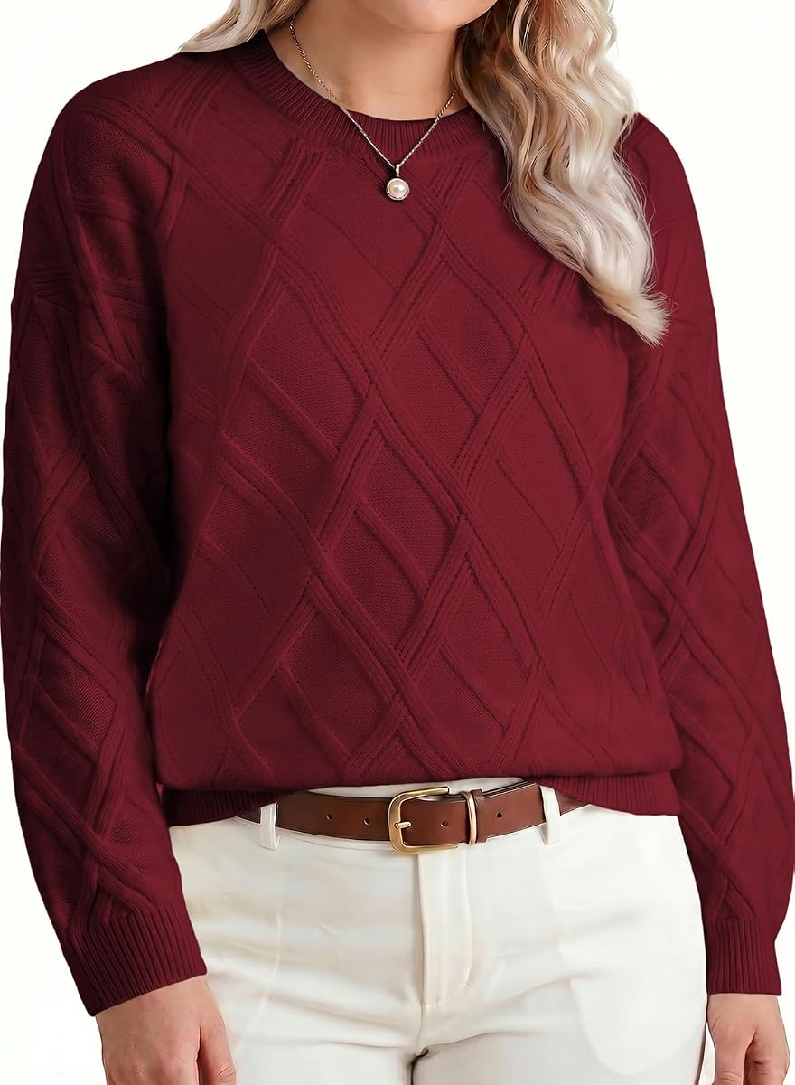 Jersey de cable acanalado talla extra Eytino para mujer | Camiseta de punto de manga larga con cuello redondo, corte holgado, informal de negocios, trajes de moda de invierno (1X-5X)