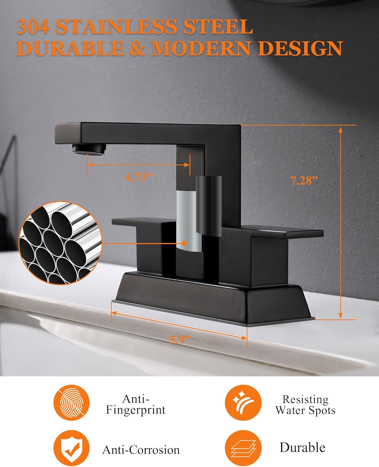 Tohlar Black Bathroom Faucet - Bathroom Sink Faucet 2 Handles, 4 Inch Centerset Bathroom Faucets for Sink 2 or 3 Holes, Matte Black Bathroom Faucet with Pop Up Drain and 2 Lead-Free Hoses, Lavatory RV