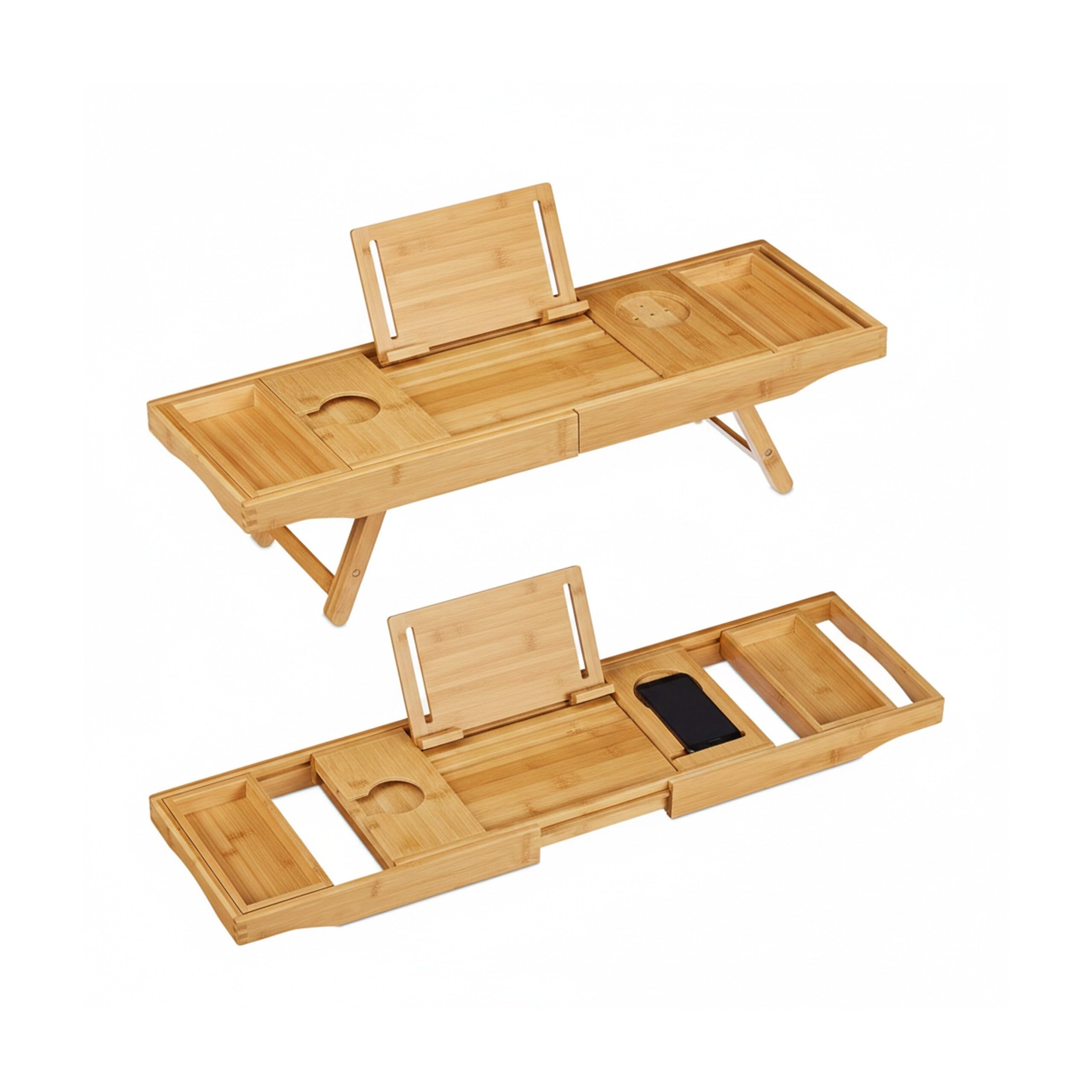 Relaxdays Bandeja Cama y Bañera Extensible 2 en 1 con Soporte para Libros y Copas de Vino, Bambú, Marrón, 74,5-114 cm