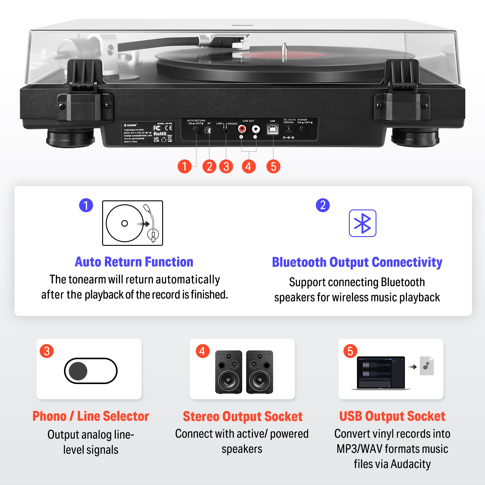 Donner BeltDrive Bluetooth Turntable for Vinyl Records, Wireless