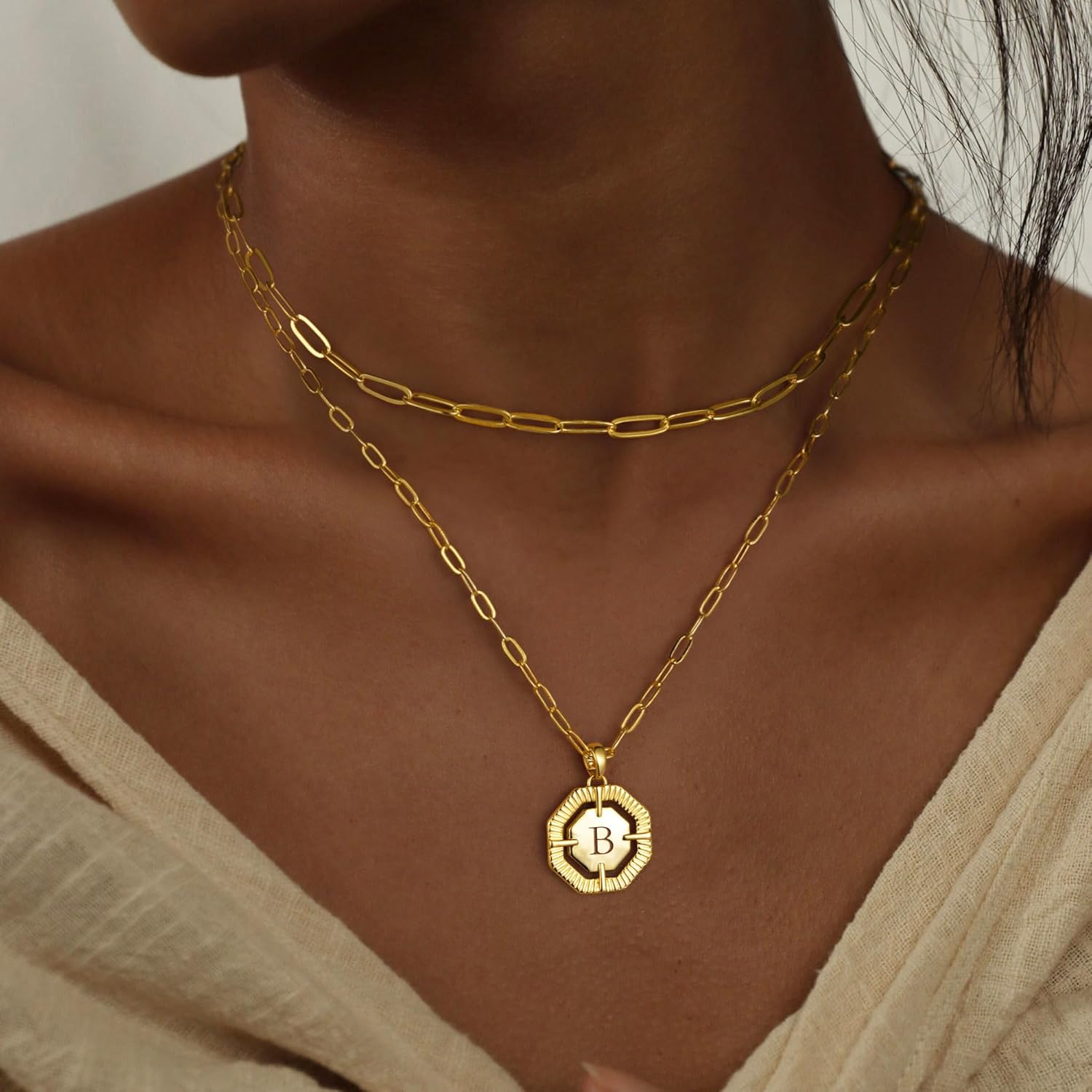 Layered Initial Necklaces for Women Dainty Paperclip Link Chain Choker Necklace 14K Gold Plated Octagon Letter Necklace Personalized Name Necklace Teen Gift Trendy Stuff Cute Jewelry Gifts - Image 2