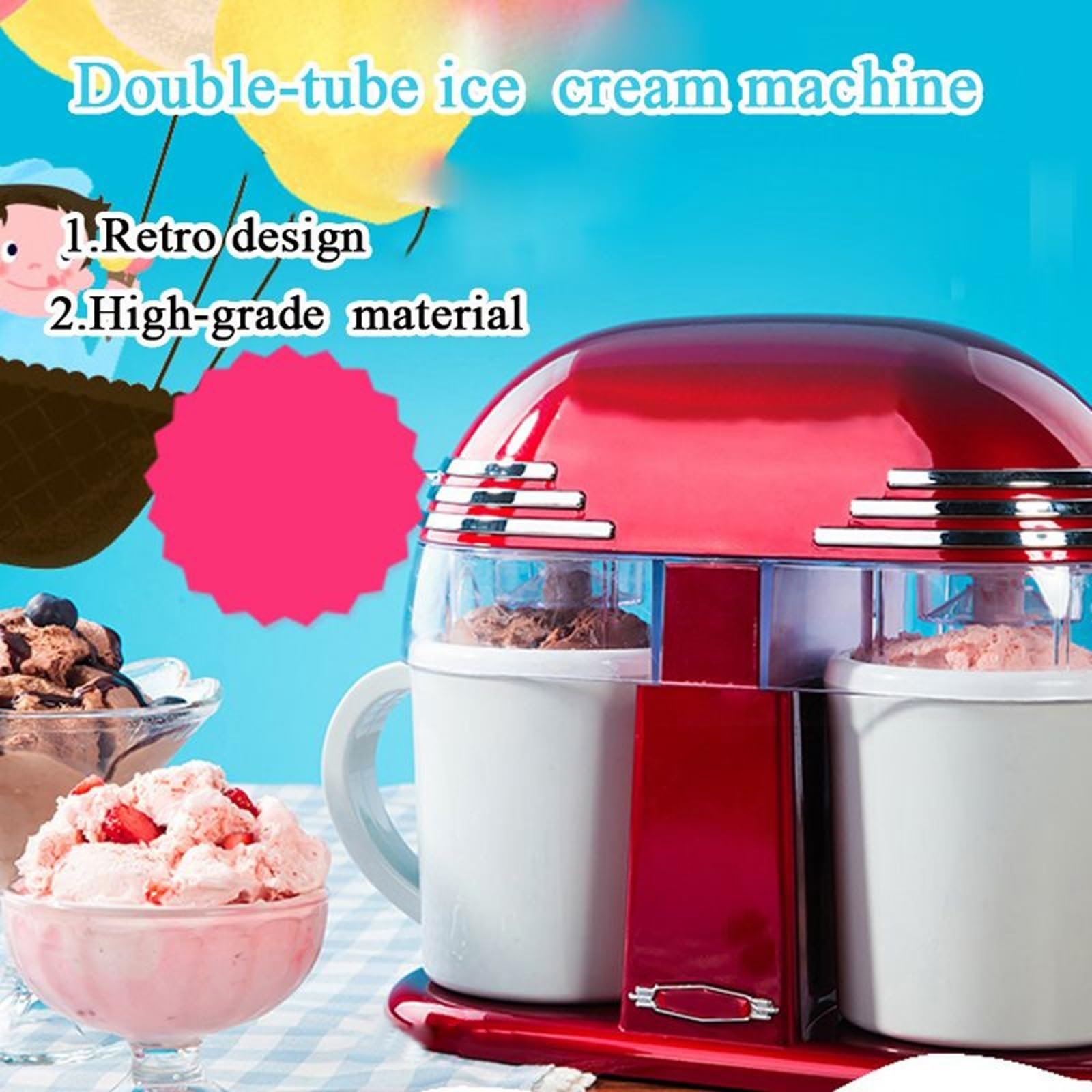 HEXEH Heladera Máquina de Helados eléctrica de Doble Cono, máquina de Helados clásica for niños, máquina de Helados automática for el hogar for niños, hogar DIY Maquina de Helados