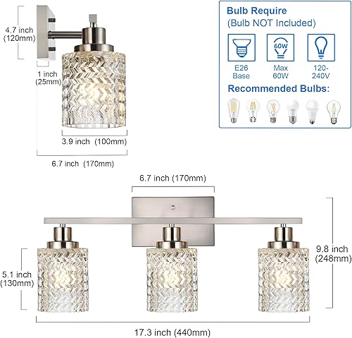 Miniatura 5 de MELUCEE 3 luces de baño de níquel cepillado, modernas luces de tocador de pared para interiores con pantalla de vidrio martillado, adecuadas para