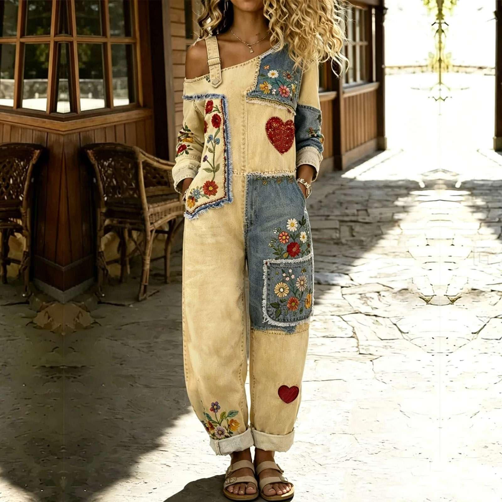 Générique Combinaison Jean Femme une Épaule Chic, Salopette Denim Large avec Broderie Fleurs Patchwork, Pantalon Ample Décontracté avec Poches Bohème Vintage