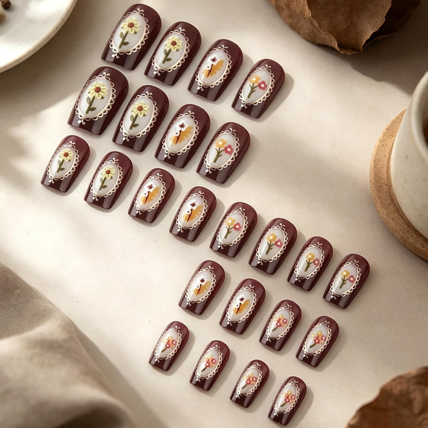 Vintage Flower Press on Nails Short Square Fake Nails Fall Nails Press ons