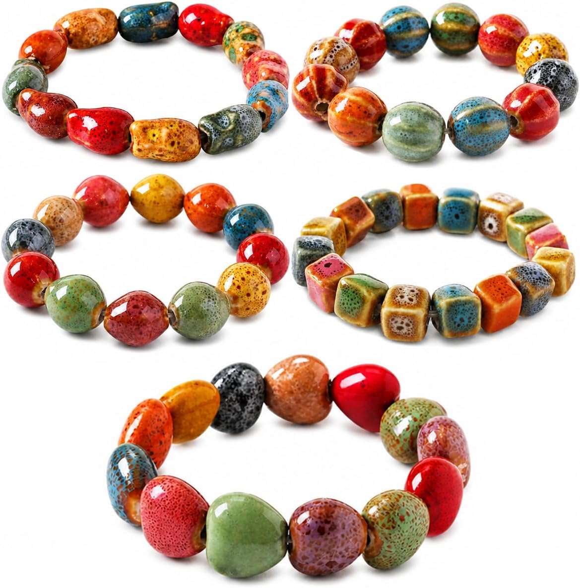 Useeion 5Pcs Handmade Ceramic Bead Bracelet Set for Women, Colorful Kiln Glazed Irregular Pebble Stretch Bracelets, Boho Stackable Summer Beach Jewelry Gift for Daily Wear & Vacation
