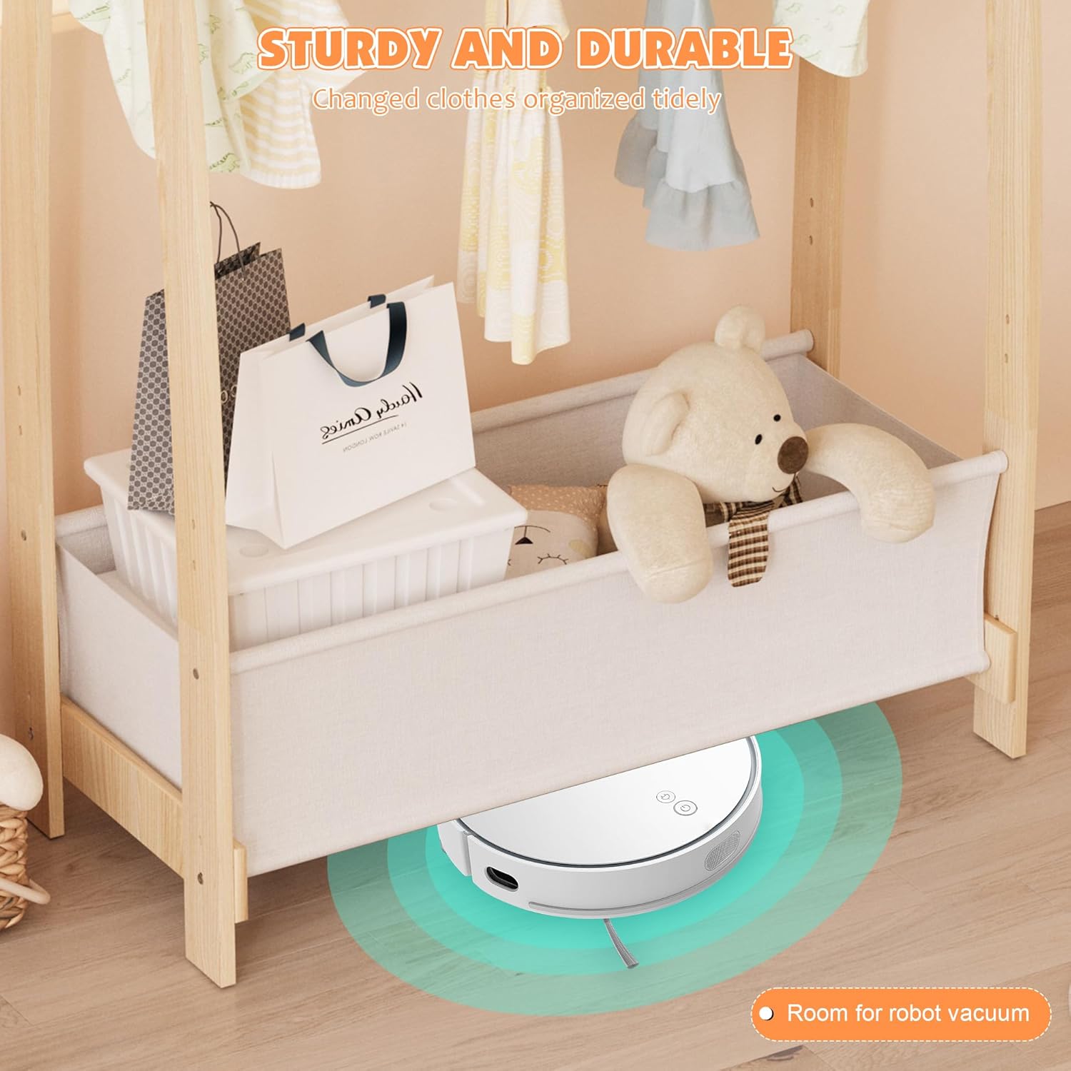 Kids Clothing Rack Dress Up Storage Shelf Closet for Girls Pet Coat Baby Garment Wardrobe Toddler Costume Closet Organizer Hanging Clothes with Double Hanging Rod Wood Nursery