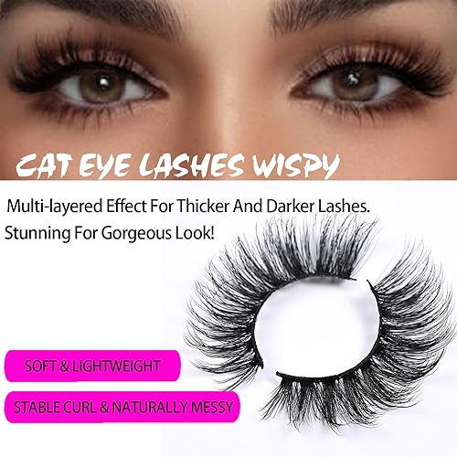 Miniatura 7 de Pestañas de ojo de gato, aspecto natural, tira 3D, esponjosas, pestañas de visón de 0.630 in, rizo D, pestañas postizas de visón sintético, paquete