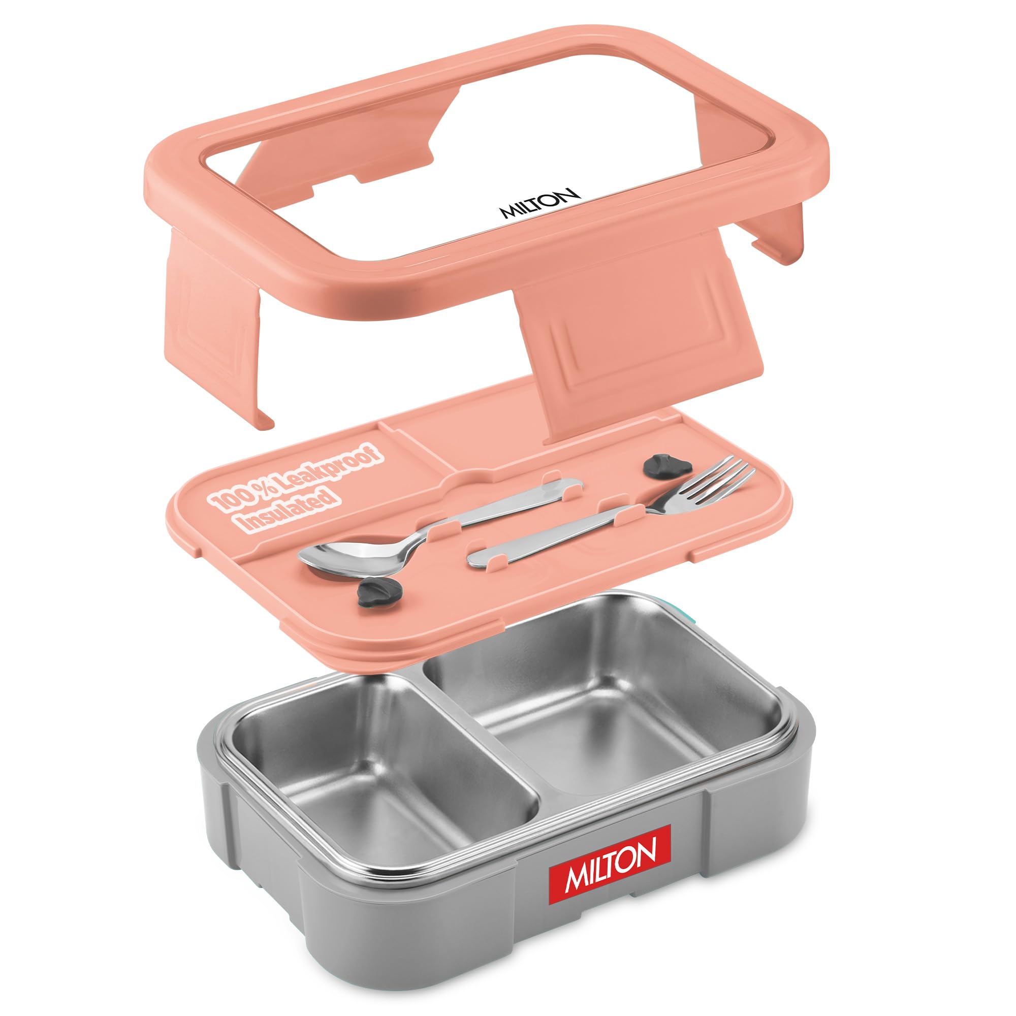 MILTON Ethan 2 Inner Stainless Steel Tiffin Box for School, 2 Partition, Steam Release Plug | PU Insulated, Leak-Proof, Food Grade I Lunch Box for Kids Boys, Girls with Snap Lock Lid, 650 ml, Peach