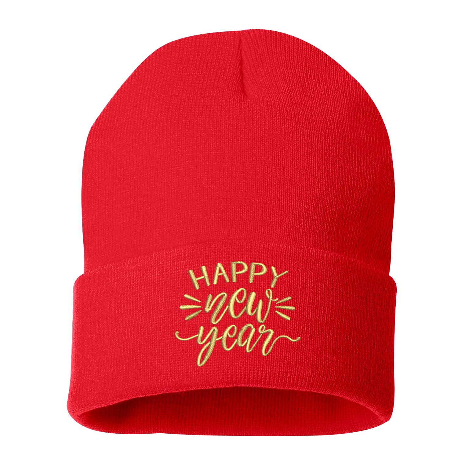 Happy New Year Beanie Cap - New Years Eve Embroidered Beanies (RED)