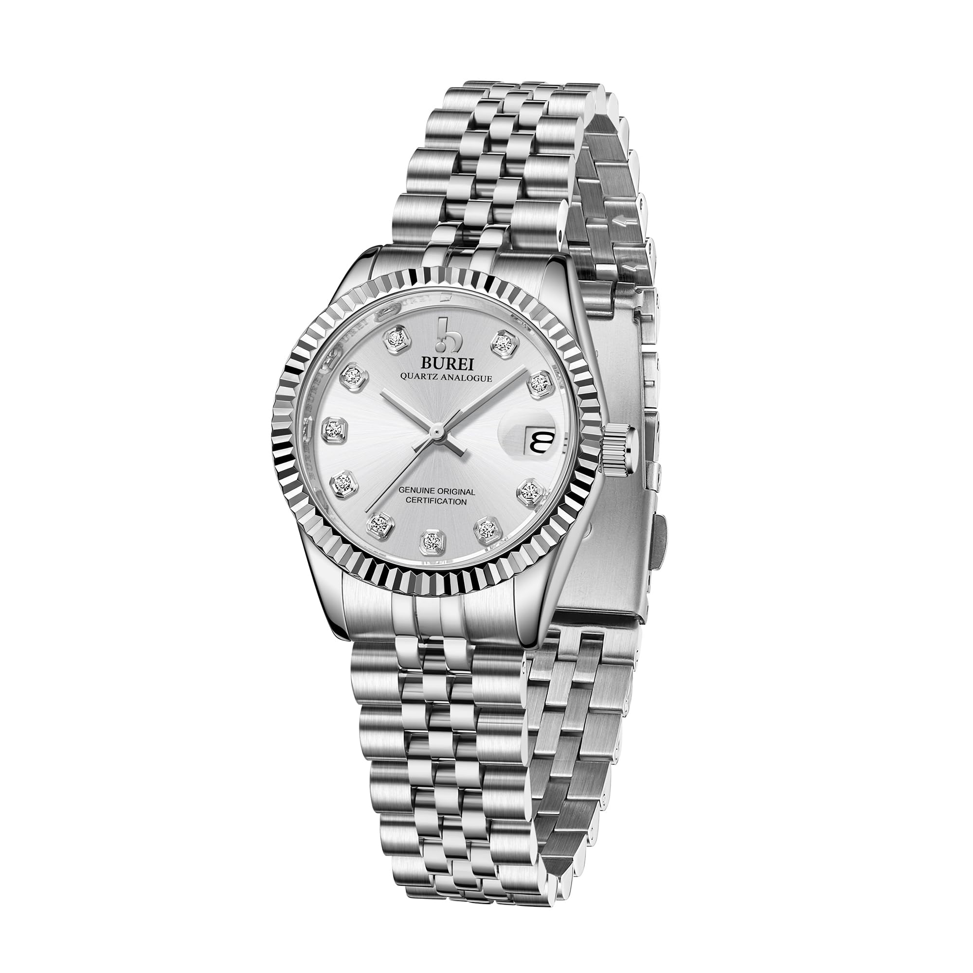 BUREI 36MM Moda Donna Orologio Argento Acciaio Inox Orologio da Polso Analogico al Quarzo con Calendario