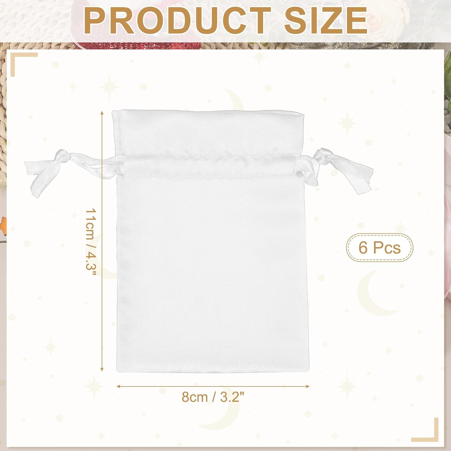 PATIKIL 3 x 4 Inch Satin Bags with Drawstring, 6 Pcs Silk Drawstring Gift Bag Wedding Favor Pouch for Jewelry Candy Christmas Party Graduation Birthday Easter, White - Image 2