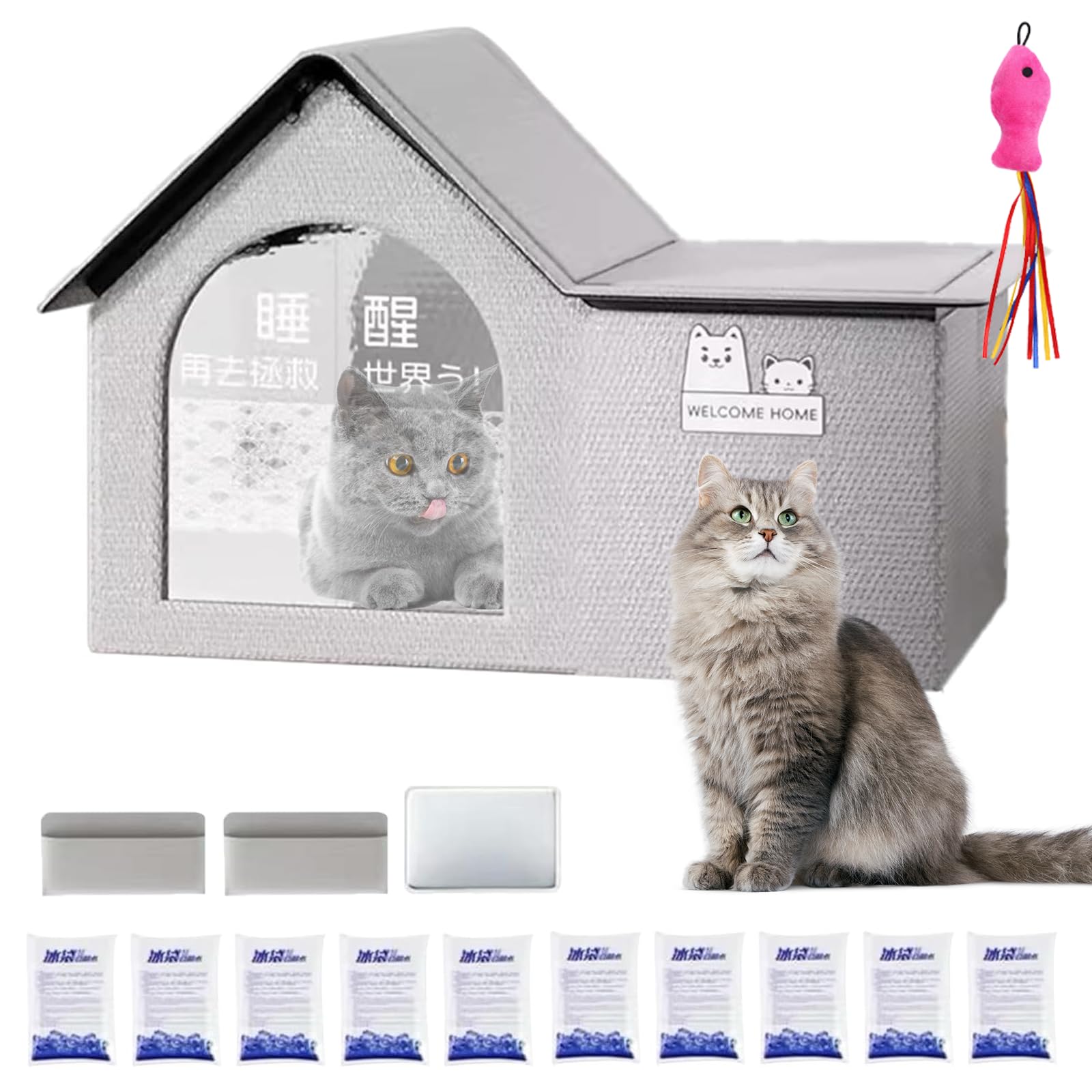 Cat Cooling House with 10 Reusable Ice Packs, Weatherproof Outdoor Cat House Shelter, Foldable Pet Cooling Bed for Summer, Insulated Dog House for Indoor and Patio Use (Grey1, 28.3 * 15.7 * 18.9in)