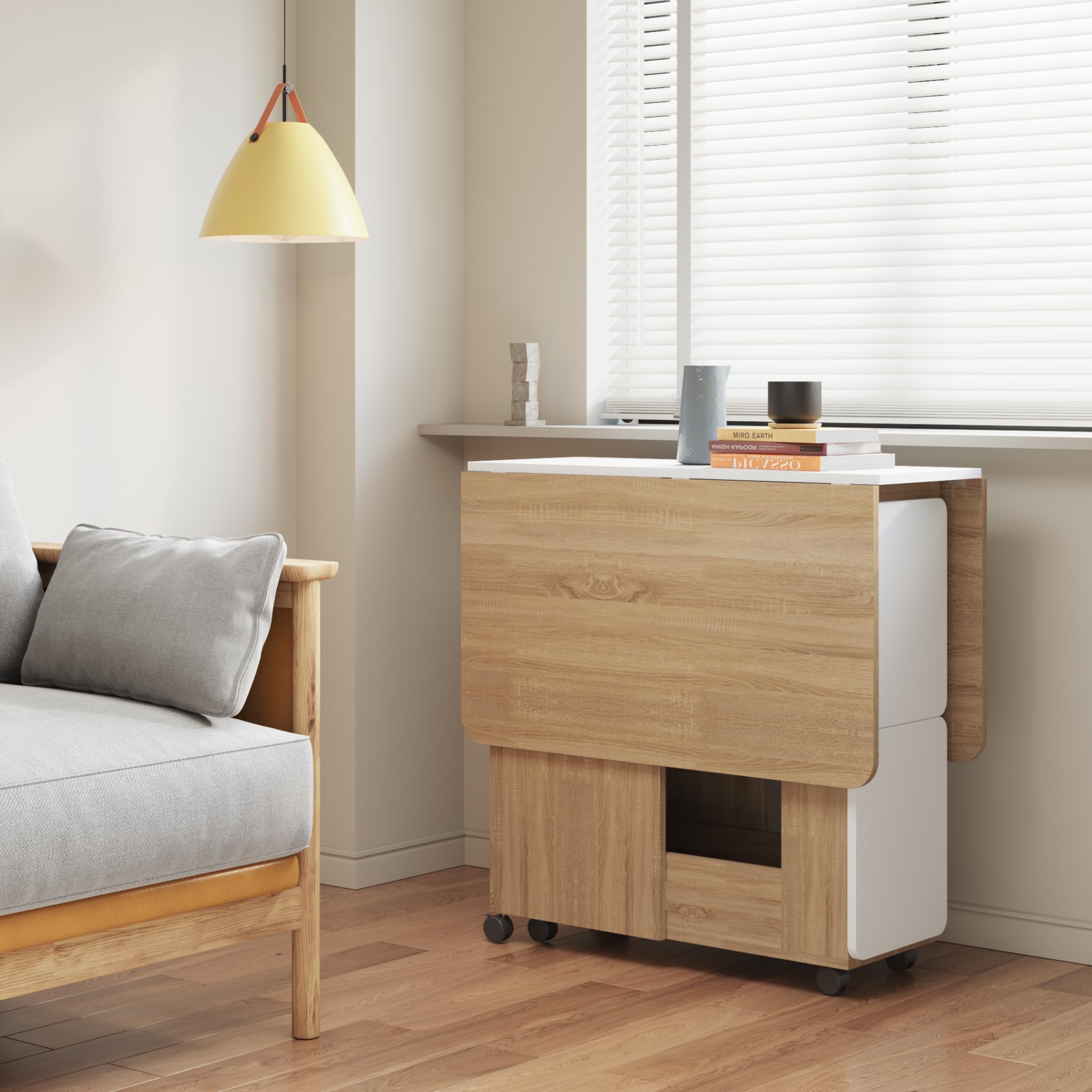 Mondeer Essgruppen, Klappbarer Esstisch mit 4 Stühlen, Esstisch Set mit Rollen und 2 Offenen Ablagen, für Kleine Räume Esszimmer Küche, 120 x 80 x 80 cm, Eiche und Weiß