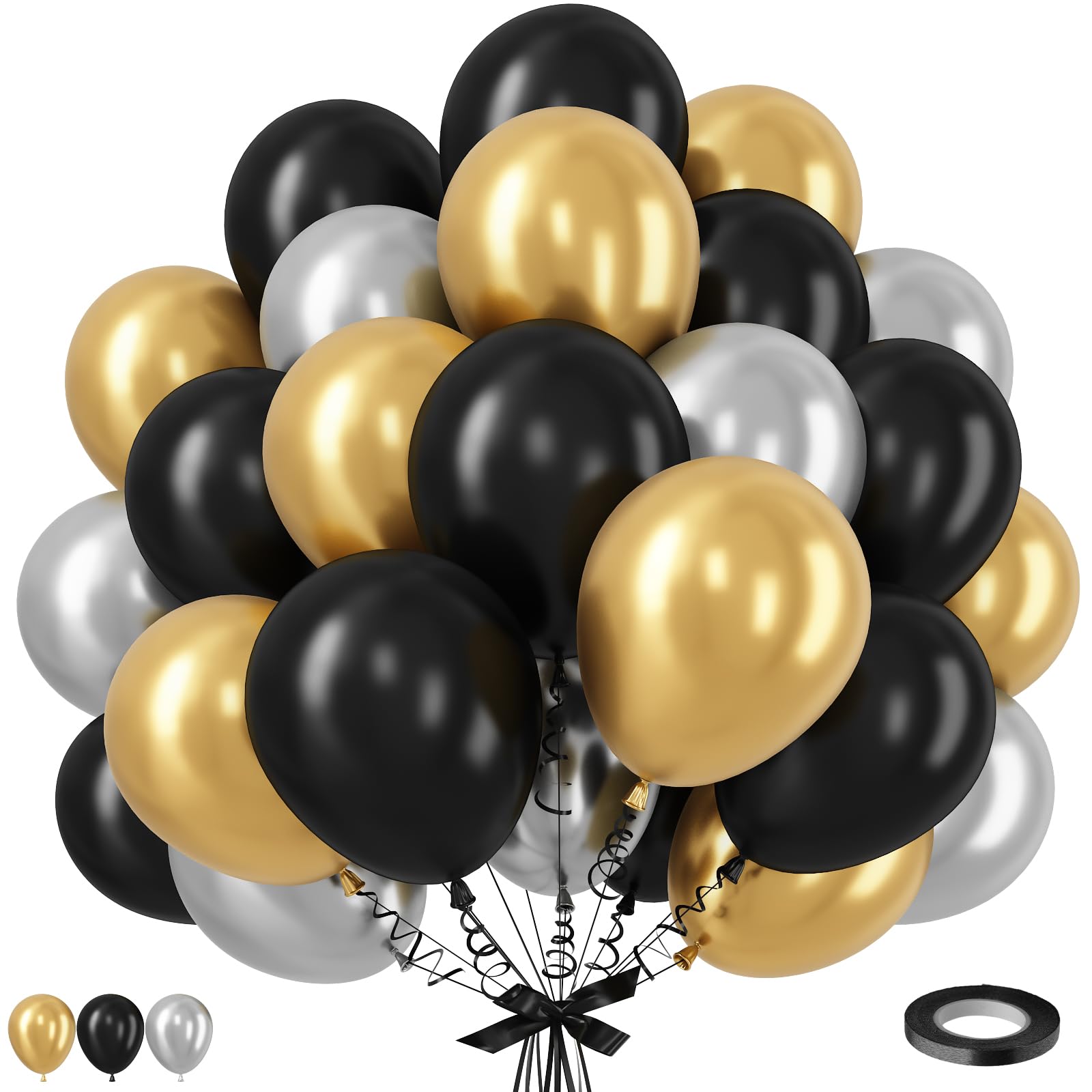 Black and Gold Balloons Set, 12 Inch Black Metallic Chrome Silver and Gold Latex Balloon, New Year Eve Party Decorations for Birthdays Graduation Retirement Masquerade Wedding Banquet Party Supplies