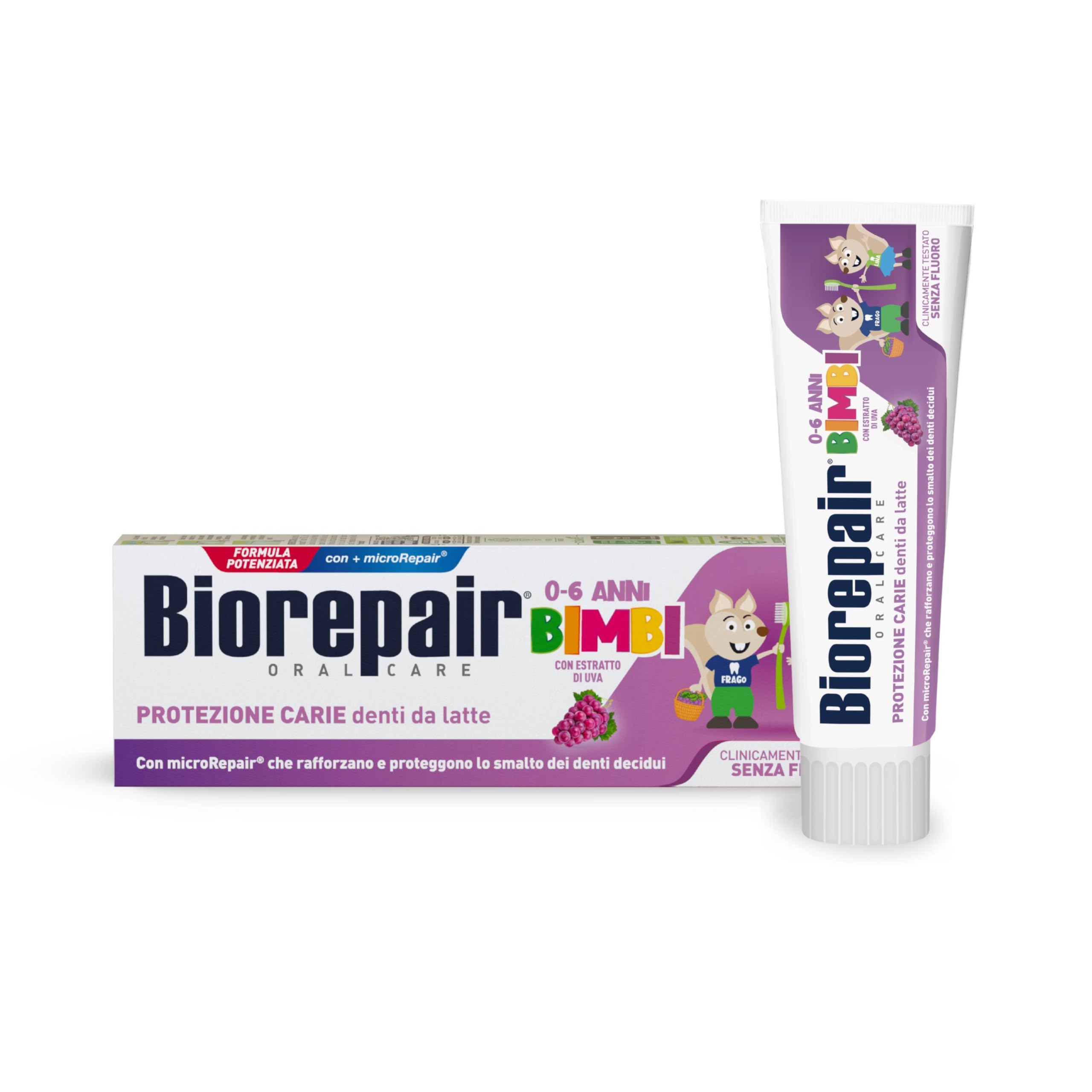 Biorepair, Dentifricio Bimbi 0-6 anni, Dentifricio Biorepair per Bambini Senza Fluoro Gusto Uva, Anticarie, per Gengive Sane, 50 ml