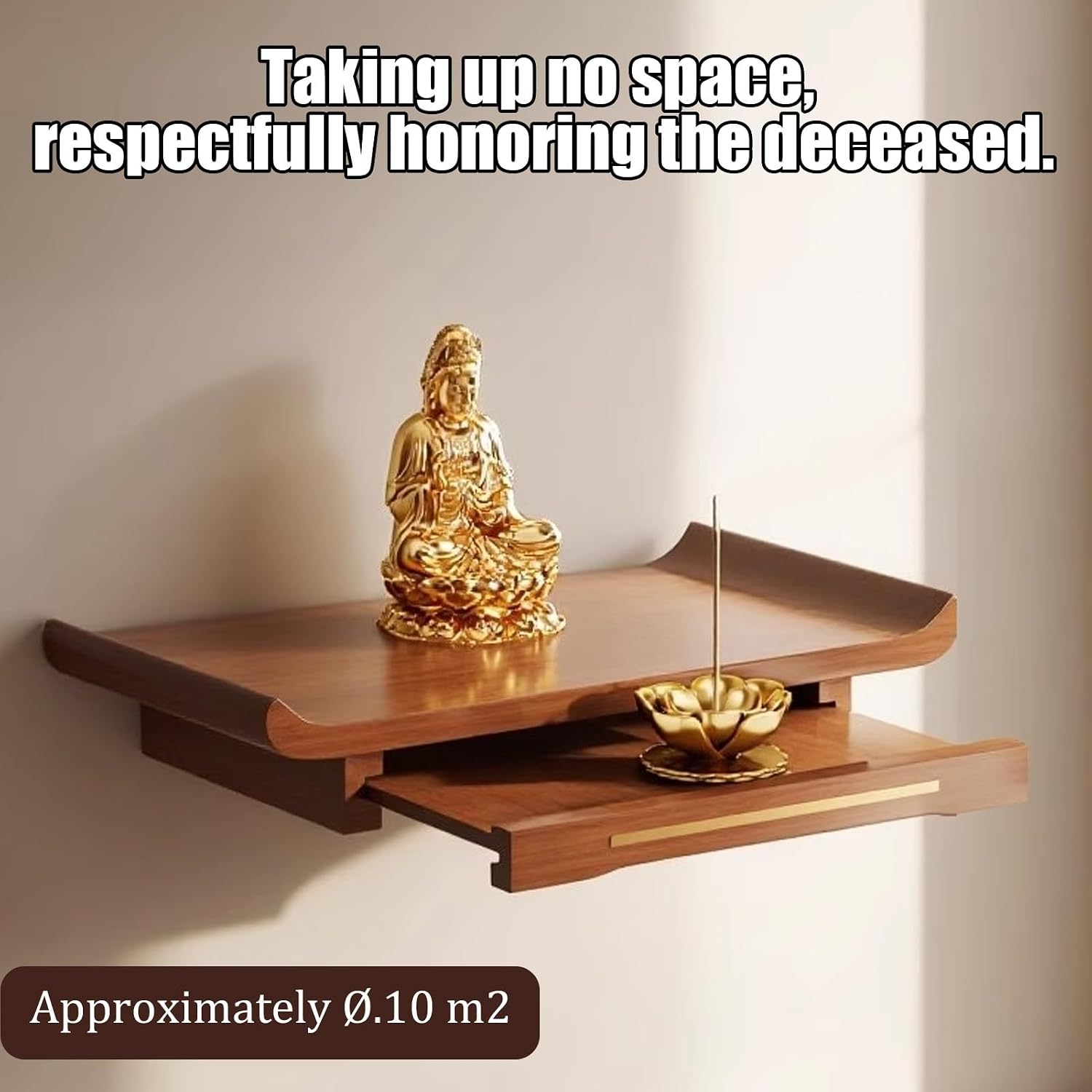 Wall-Mounted Personal Shrine Altar Table Shelf, Prayer Meditation Table with Storage, Solid Wood Wall Mounted Altar Tables, Buddha Shelf Statue Stand for Small Spaces(Brown,38cm/14.96in)