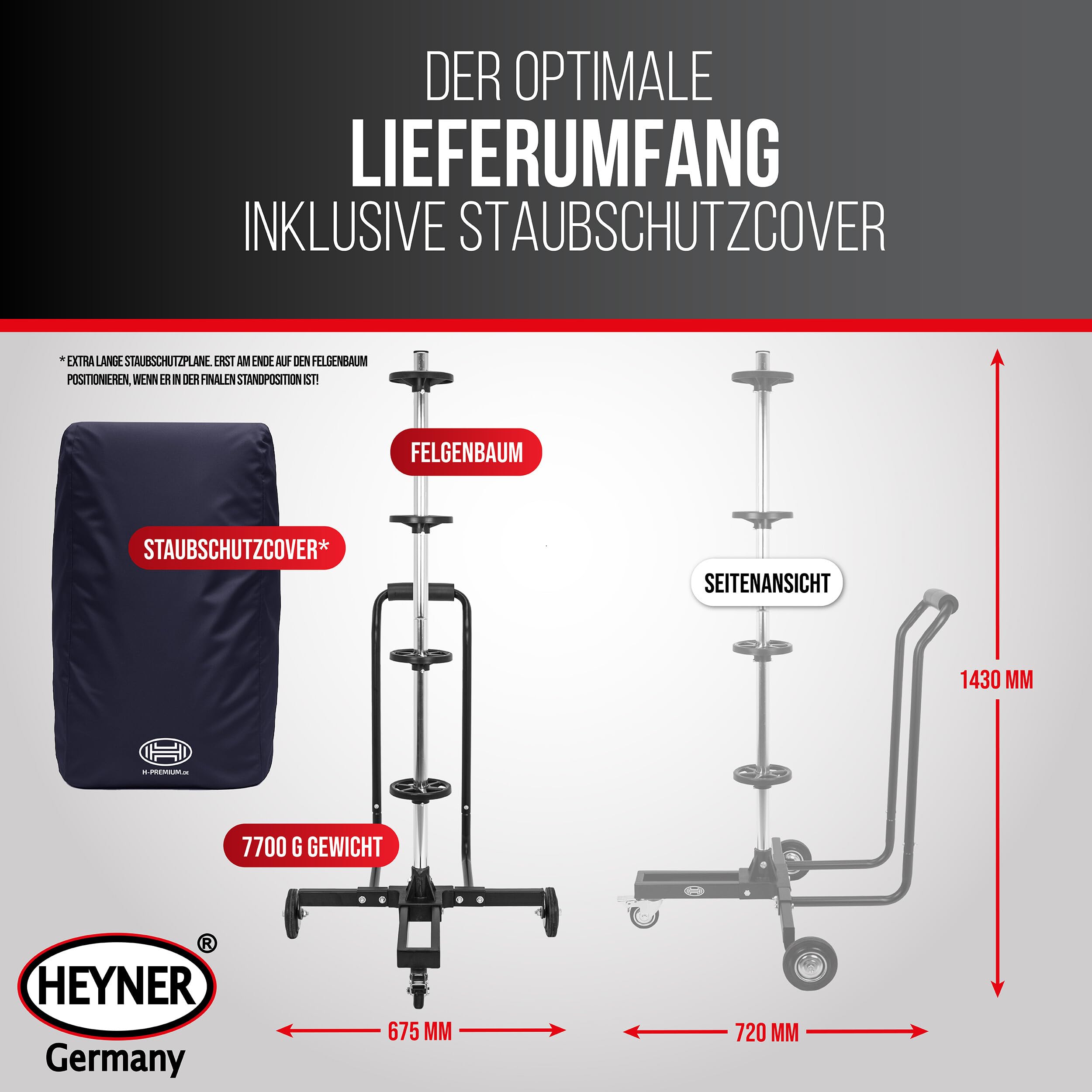 HEYNER® Felgenbaum fahrbar bis 100 kg und 285 mm Reifenbreite mit Griff | ergonomische Softgriffe, inklusive Staubschutzcover 90 x 150cm, Lenkrolle mit Feststellbremse für einfache Manövrierbarkeit