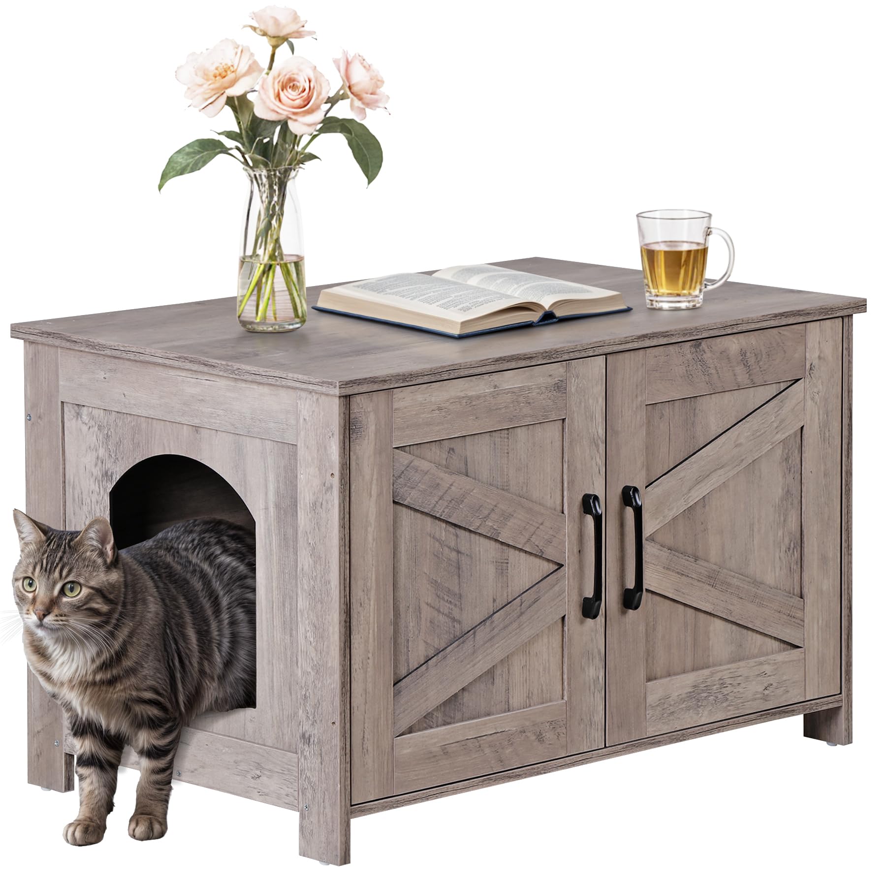 Nouva Farmhouse Cat Litter Box Enclosure, Furniture Hidden w/Barn Door, Indoor House, Wooden Washroom, End Table, Greige