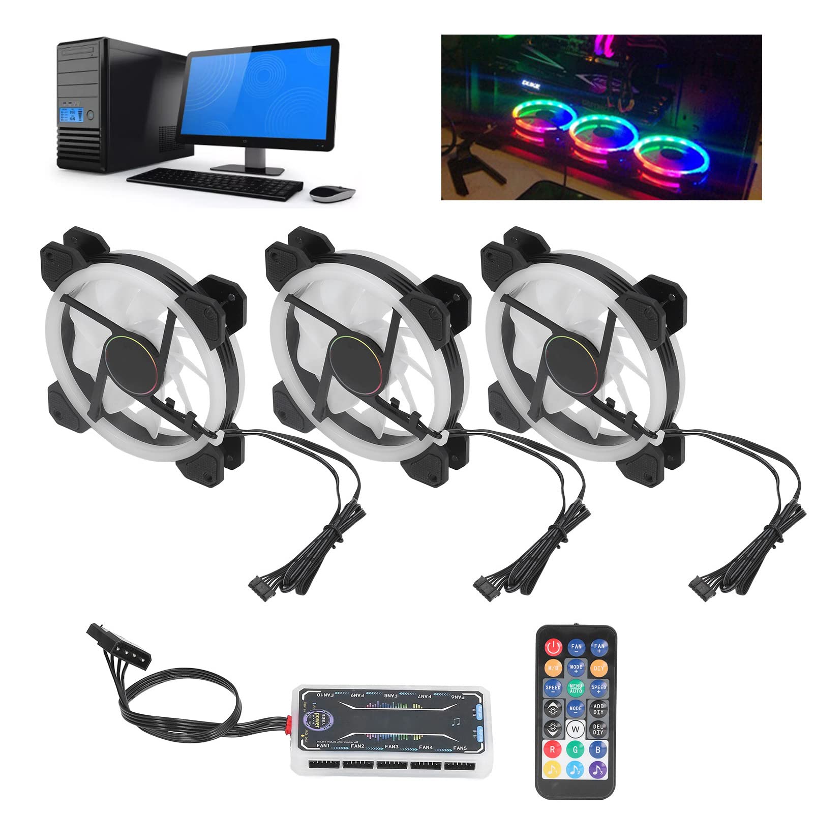 Garsent 120 Mm Gehäuselüfter, 3 RGB 6-polige Geräuscharme Computerlüfter mit Mehreren Lichtmodi, Stoßfeste Hochleistungs-PC-Lüfter mit Controller-Schrauben, für PC-Gehäuse