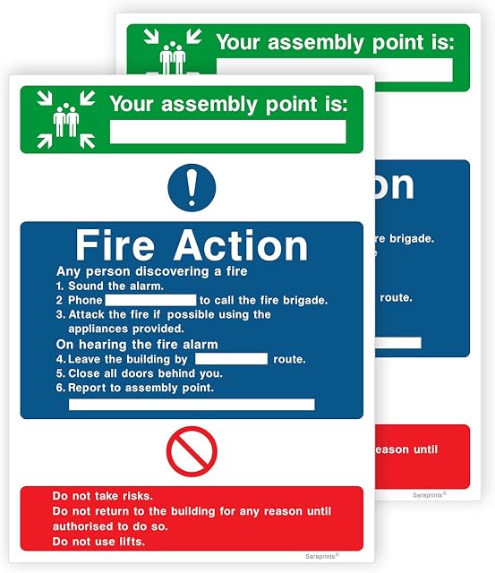 Pack of 2 Fire Action Sign Self Adhesive Vinyl Fire Sign 150mm x 200mm V1221