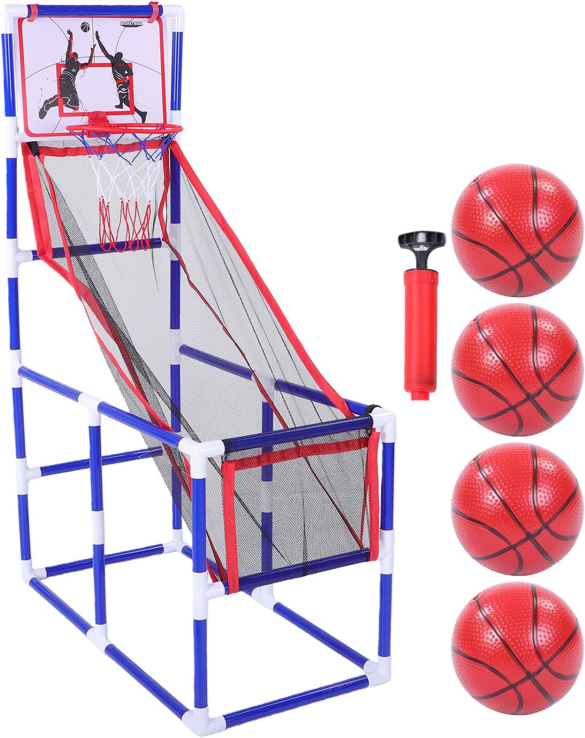 Basketball Game Set Automatic Ball Return and Storage System Mesh Base Easy Storage Basketball Play Toy with 4 High Bounce Silent Balls and Portable Air Pump for Boys Girls