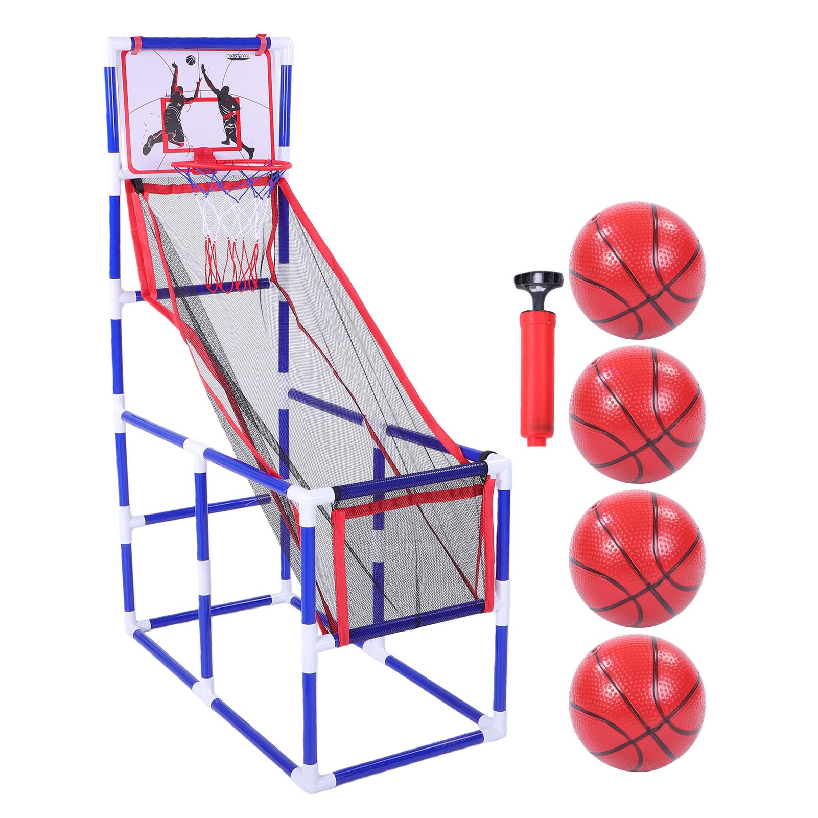 Cocoarm Zestaw do Gry w koszykówkę, Plastikowy Przenośny Zestaw do Gry w koszykówkę z 4 Pompkami Powietrza i Automatycznym Powrotem Piłki, 140 X 88 X 46 Cm na świeżym Powietrzu w Pomieszczeniach dla
