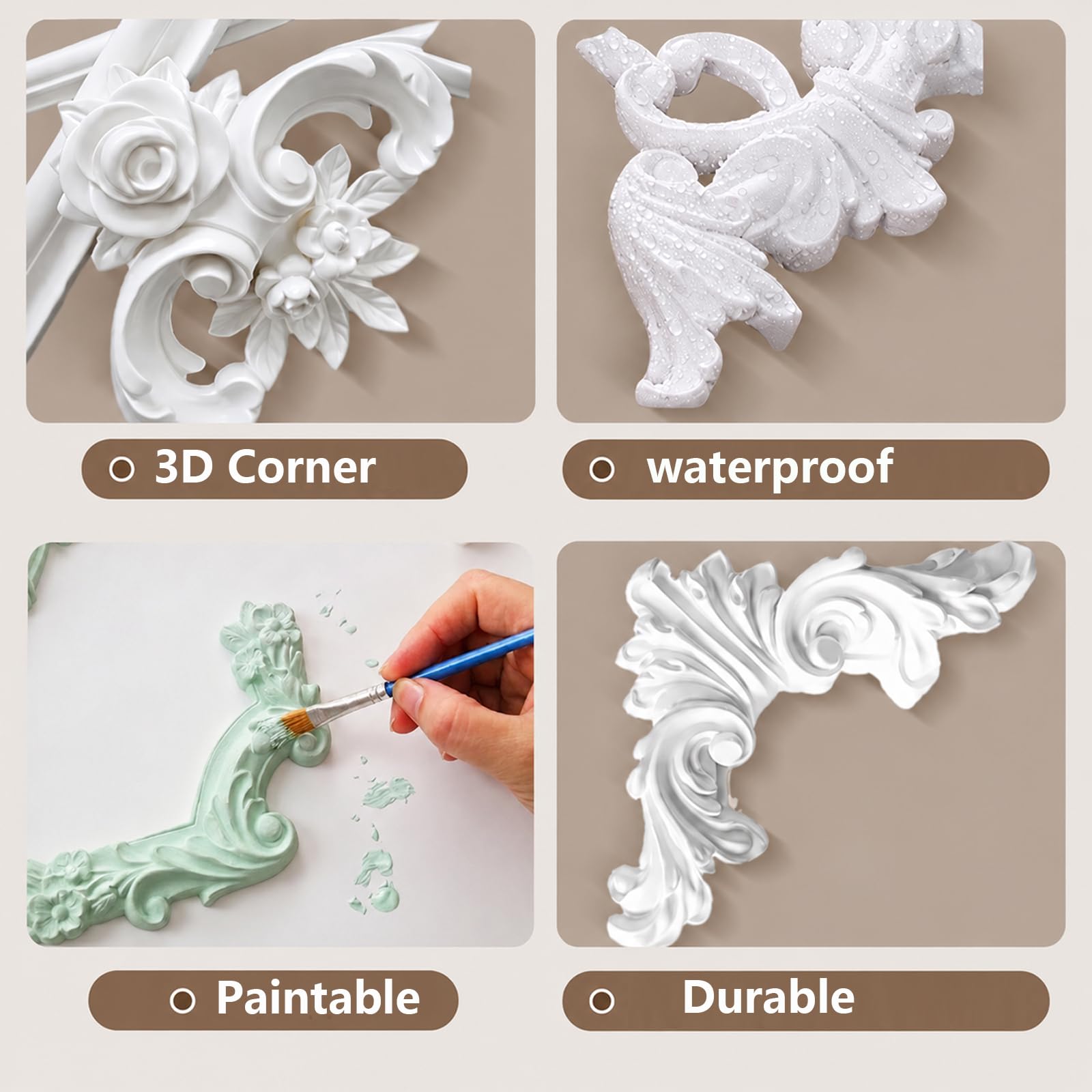 4 PCS Angolari Decorativi per Pareti E Soffitti in PU Modanature Angolari 3D con Decorazioni Floreali Profili Decorativi Verniciabili per Cornici E Angoli Elegante Finitura