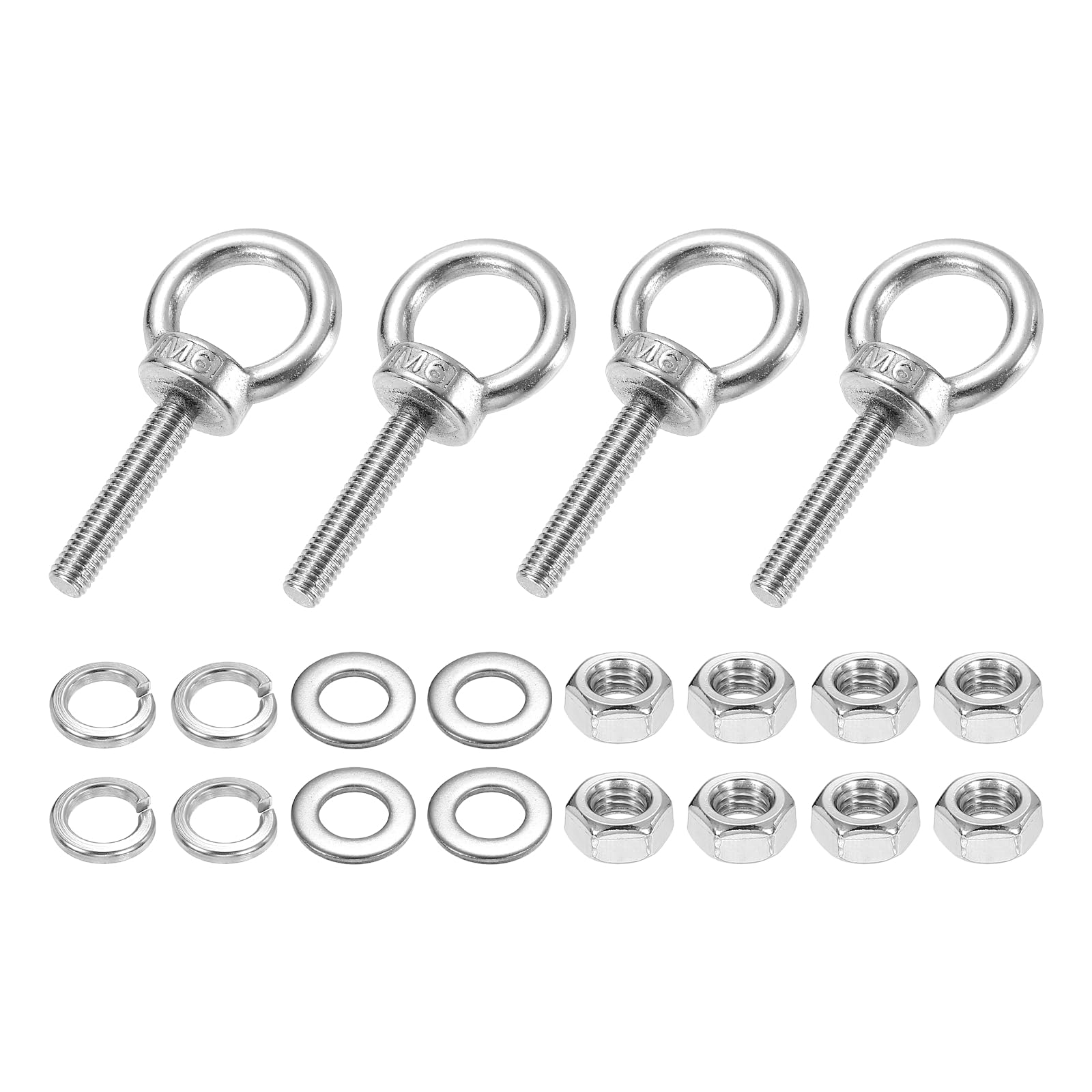 PATIKIL M6 x 30mm Eye Bolt, 4Pcs 304 Stainless Steel Thread Lifting Ring Set Shoulder Eyebolt with Lock Nuts Flat Washers for Hanging Hammocks Articles, Silver