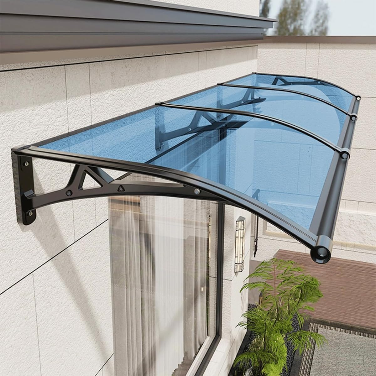 Cubierta de ventana exterior contra lluvia y sol de policarbonato azul