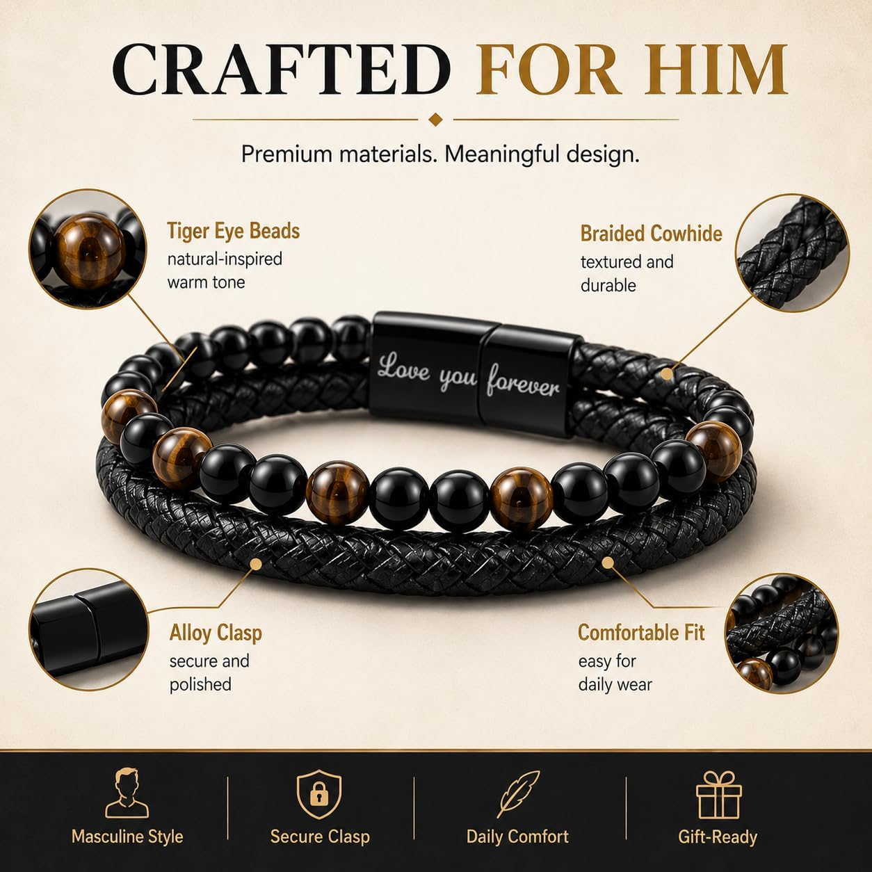 Graduation Bracelet For Men, Black Braided Leather With Stainless Steel Compass Bracelets Engraved Love You Always To A Wonderful Young Man Graduation Gift Jewelry For Him