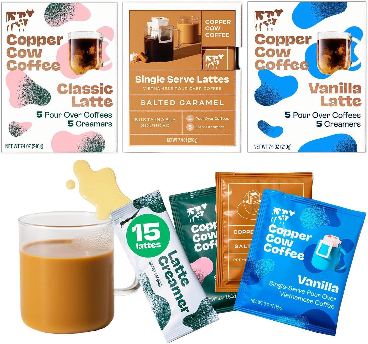 Copper Cow Vietnamese Coffee Variety Pack (15 Coffees & 15 Creamers)| Classic, Vanilla, & Salted Caramel Latte | Pour Over Single-Serve Lattes, No Refrigeration Needed, Travel Friendly Ground Coffee