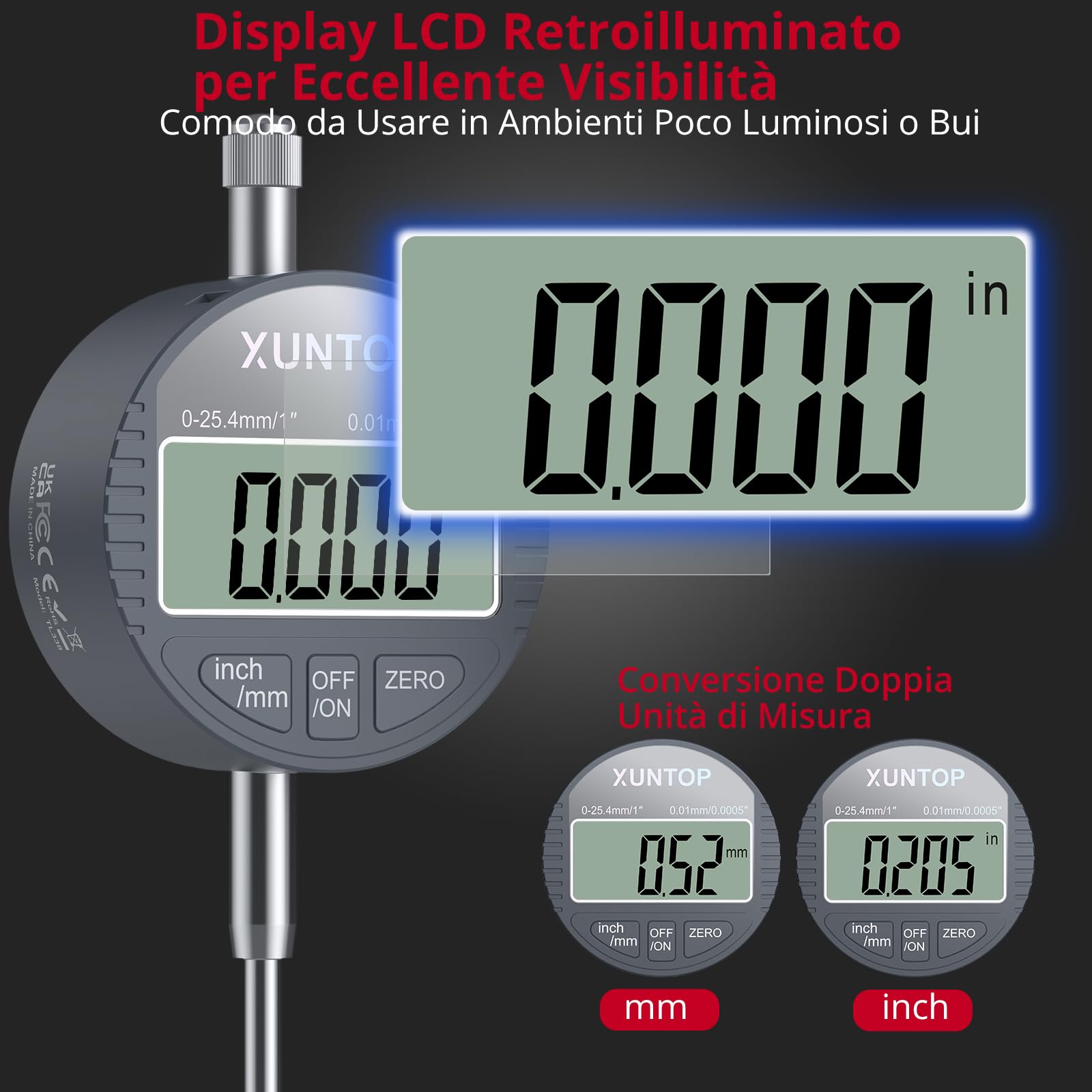 XUNTOP Comparatore Centesimale 0-25,4 mm con Base Magnetica 132lbs/60kg, Digital Dial Indicator 1inch/0.0005inch con Display LCD di Conversione Pollici/metri per Tornio, Stampante 3D, CNC, Industriale