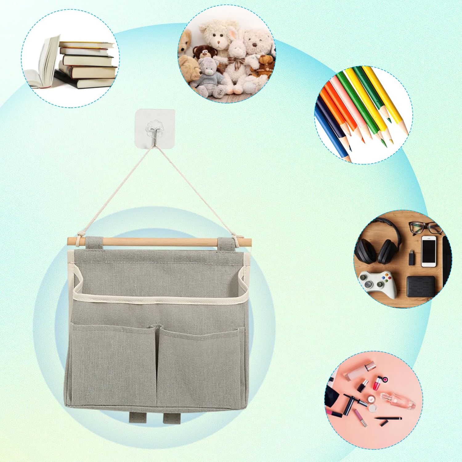 4 Pcs Wall Hanging Storage Caddy Bags, Wall Hanging Organizer Bag with Hooks, Linen Cotton Fabric Hanging Wall Door Organizer, Waterproof Hanging Pouch File Magazine Wall Mount Organizer for Bedroom