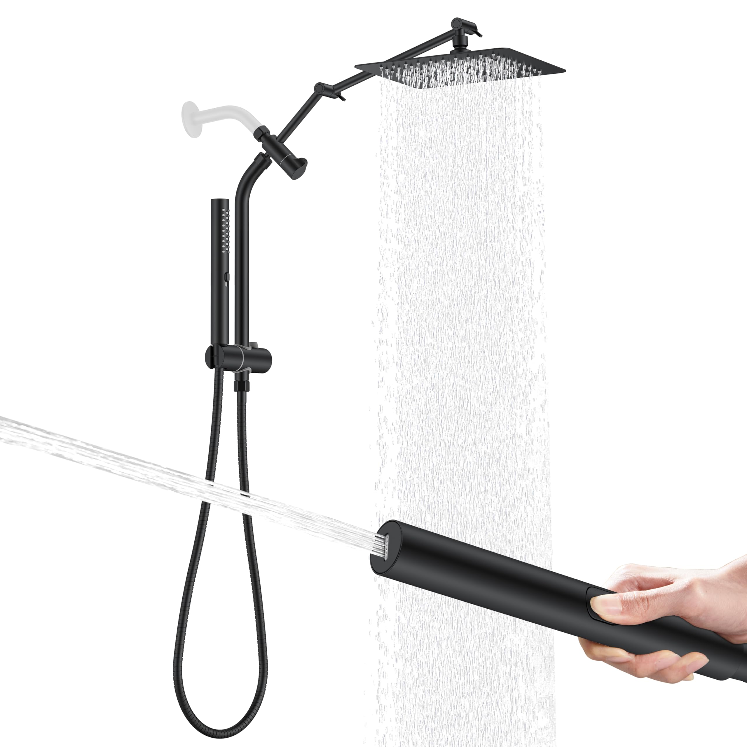 Photo 1 of KENES 10 Inch All Metal Rain Shower Head with Handheld Spray Combo, High Pressure Rainfall Shower Head wih Adjustable Extension Arm, Dual Showerhead Set with 60 Inch Shower Hose, Matte Black LJ-6060-2