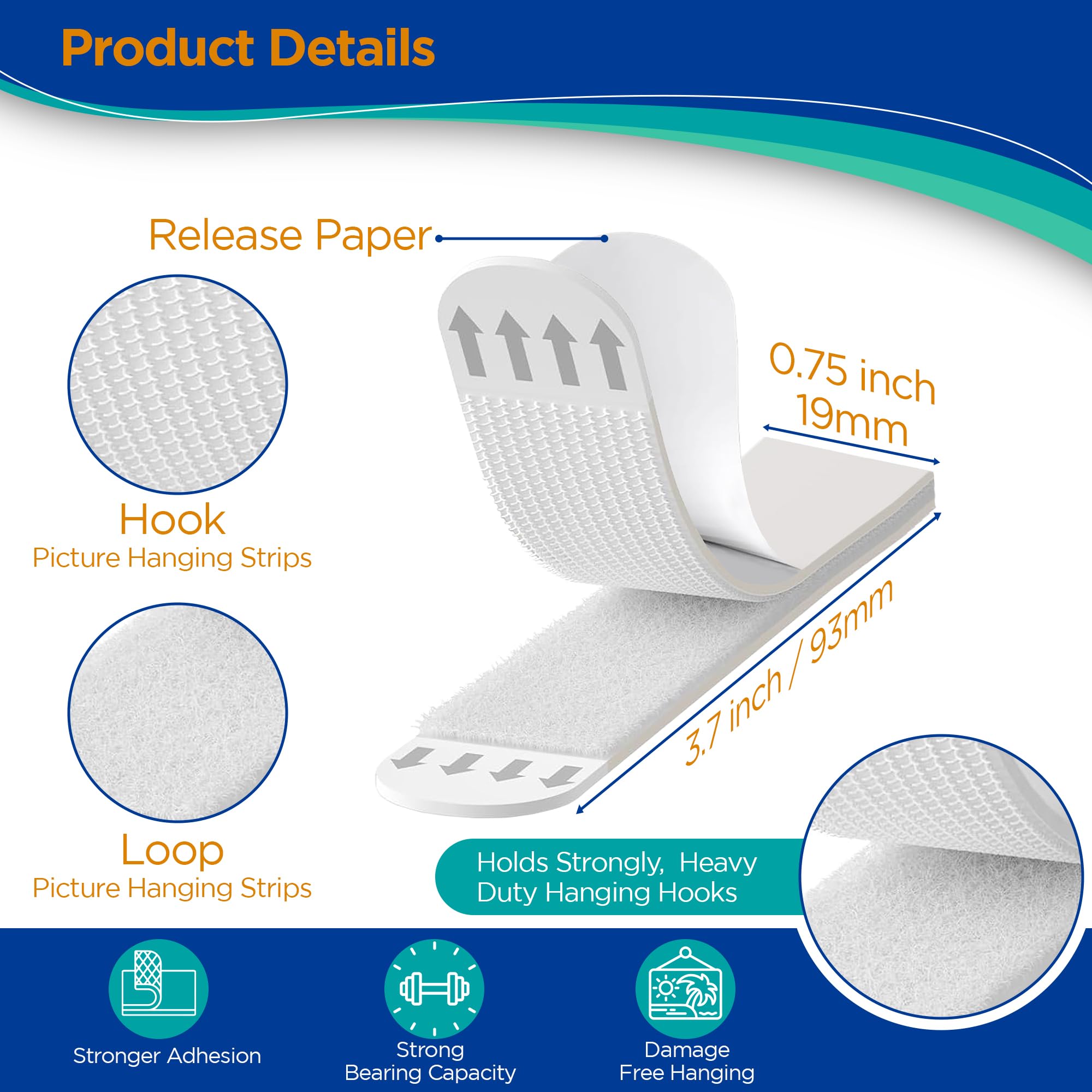 Tiras grandes para colgar cuadros resistentes, 32 pares (64 tiras), tiras adhesivas para colgar fotos sin daños y montaje en marco