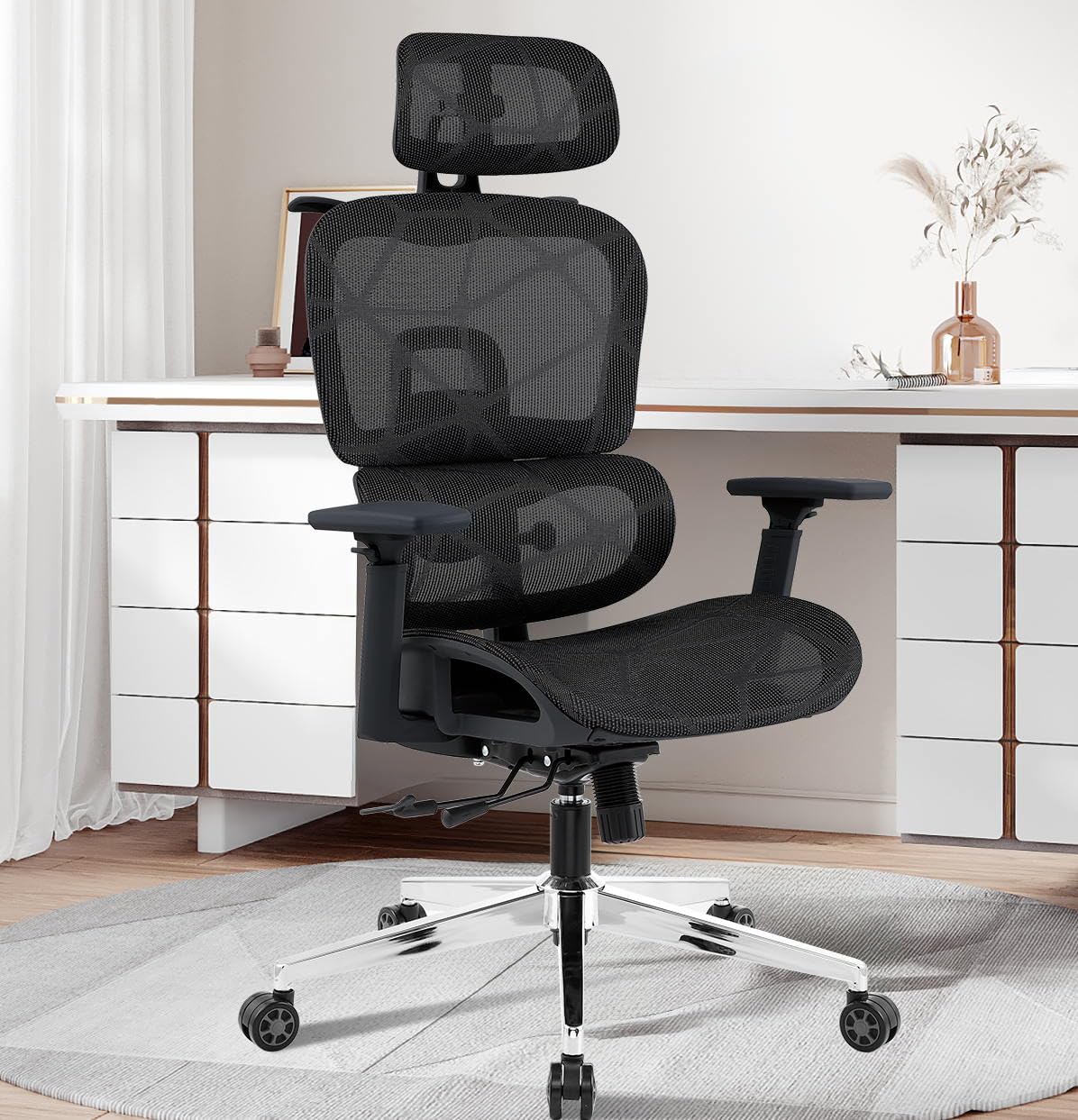 SOSINYA Silla de Oficina Ergonómica, Silla Gaming, Diseño ergonómico, Soporte Lumbar Ajustable, Cojín del Asiento Ajustable, Reposabrazos 4D & Reposacabezas 2D, Capacidad Máxima de 150 kg