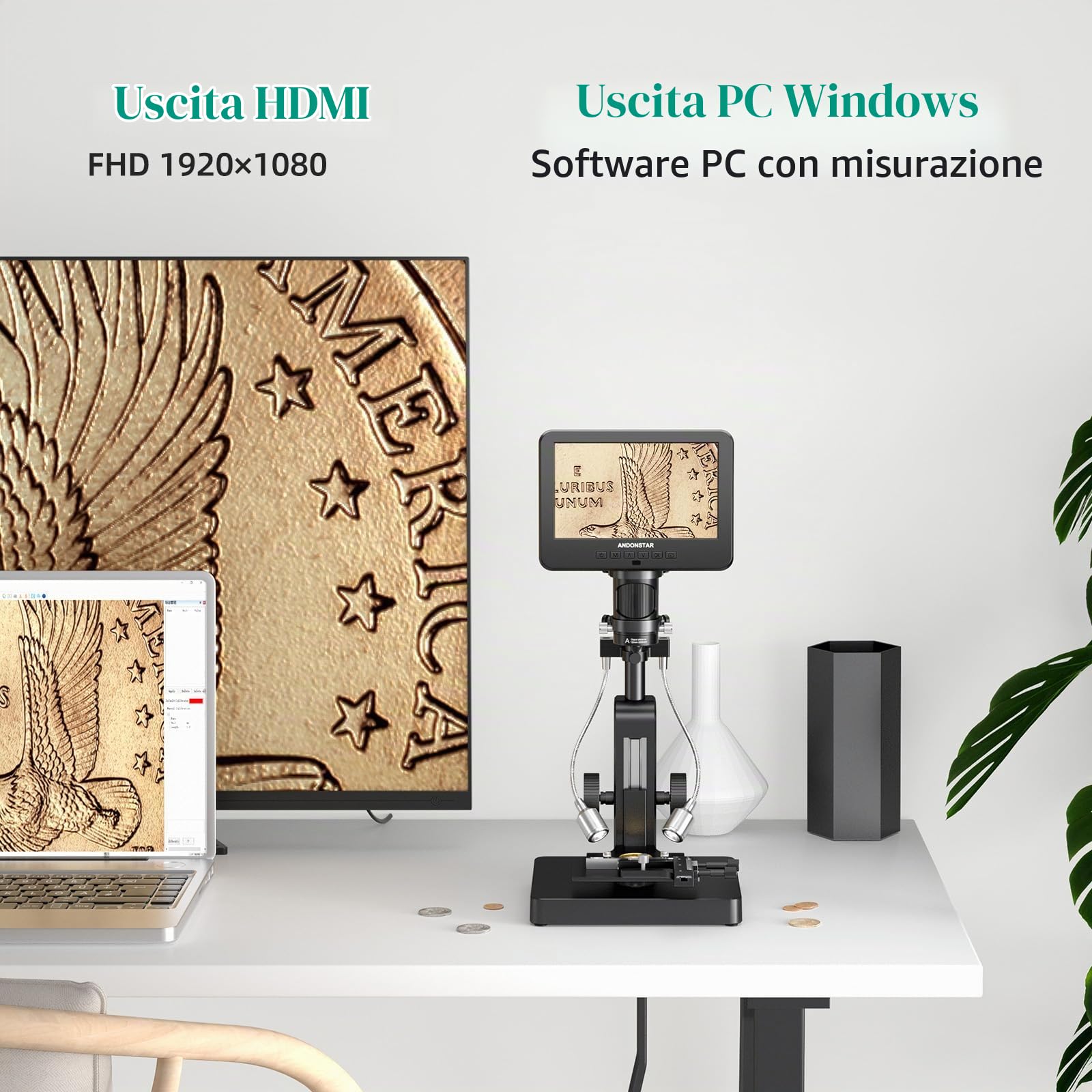 Andonstar AD266S - Microscopio digitale HDMI 20X-5000X, 5 lenti 2160P UHD, videoregistratore LCD da 17,8 cm, per adulti e bambini, kit biologico per laboratorio domestico con diapositive, vista